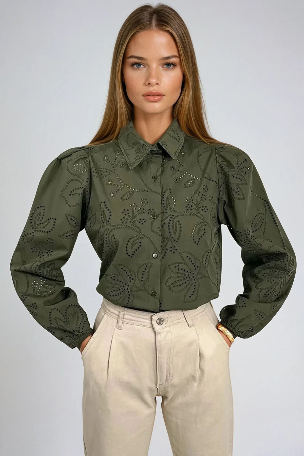 Yeşil Güpür Dokuma Premıum Gömlek