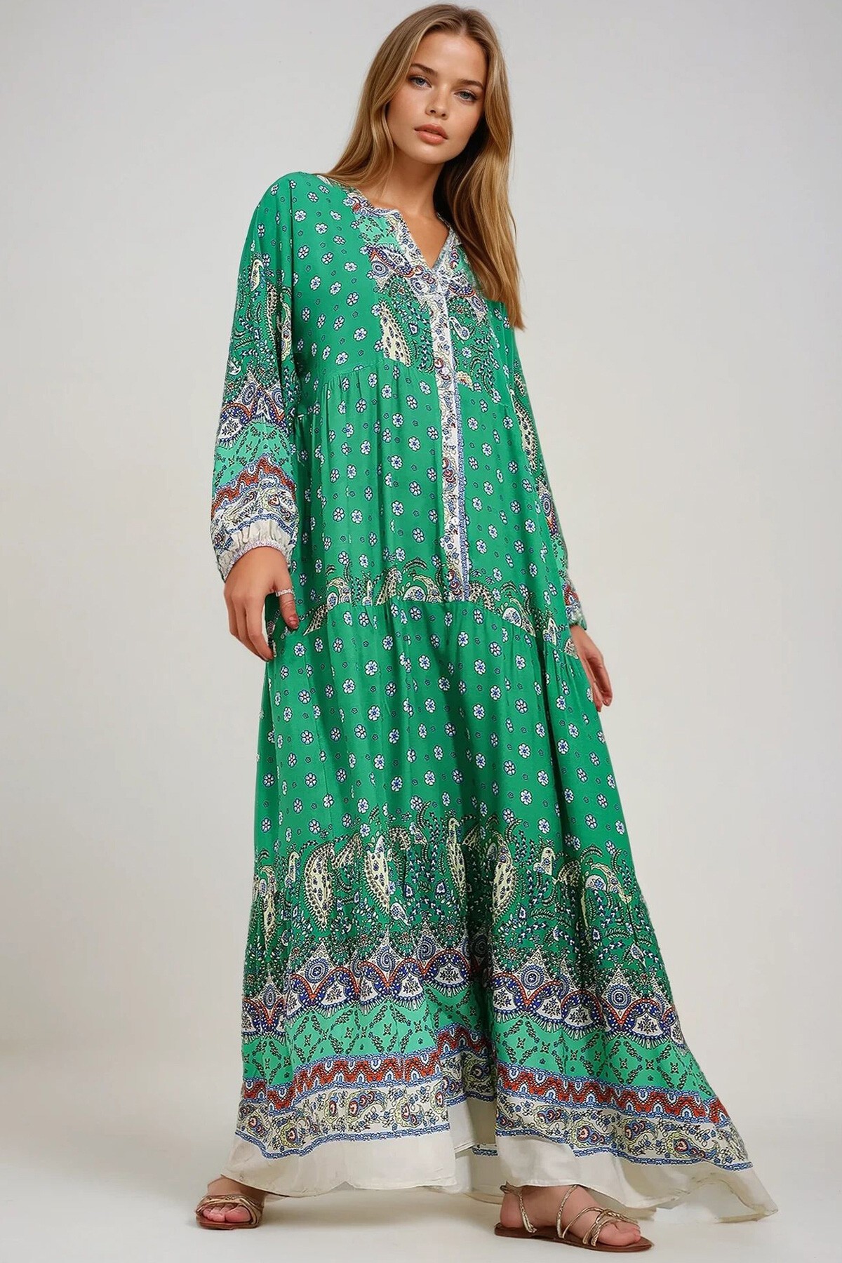 Yeşil Hakim Yaka Şal Desenli Maxi Boy Elbise