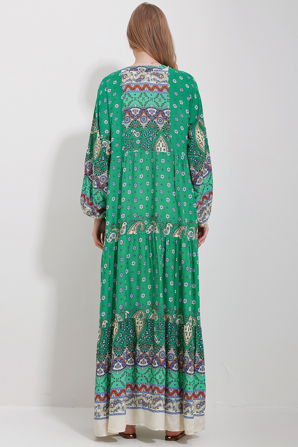 Yeşil Hakim Yaka Şal Desenli Maxi Boy Elbise