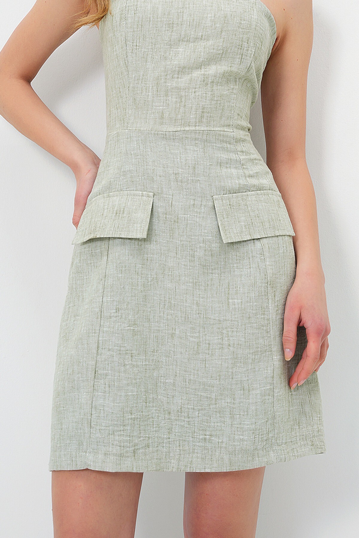 Yeşil İçi Astarlı Gizli Fermuarlı Straplez Pamuk Keten Elbise