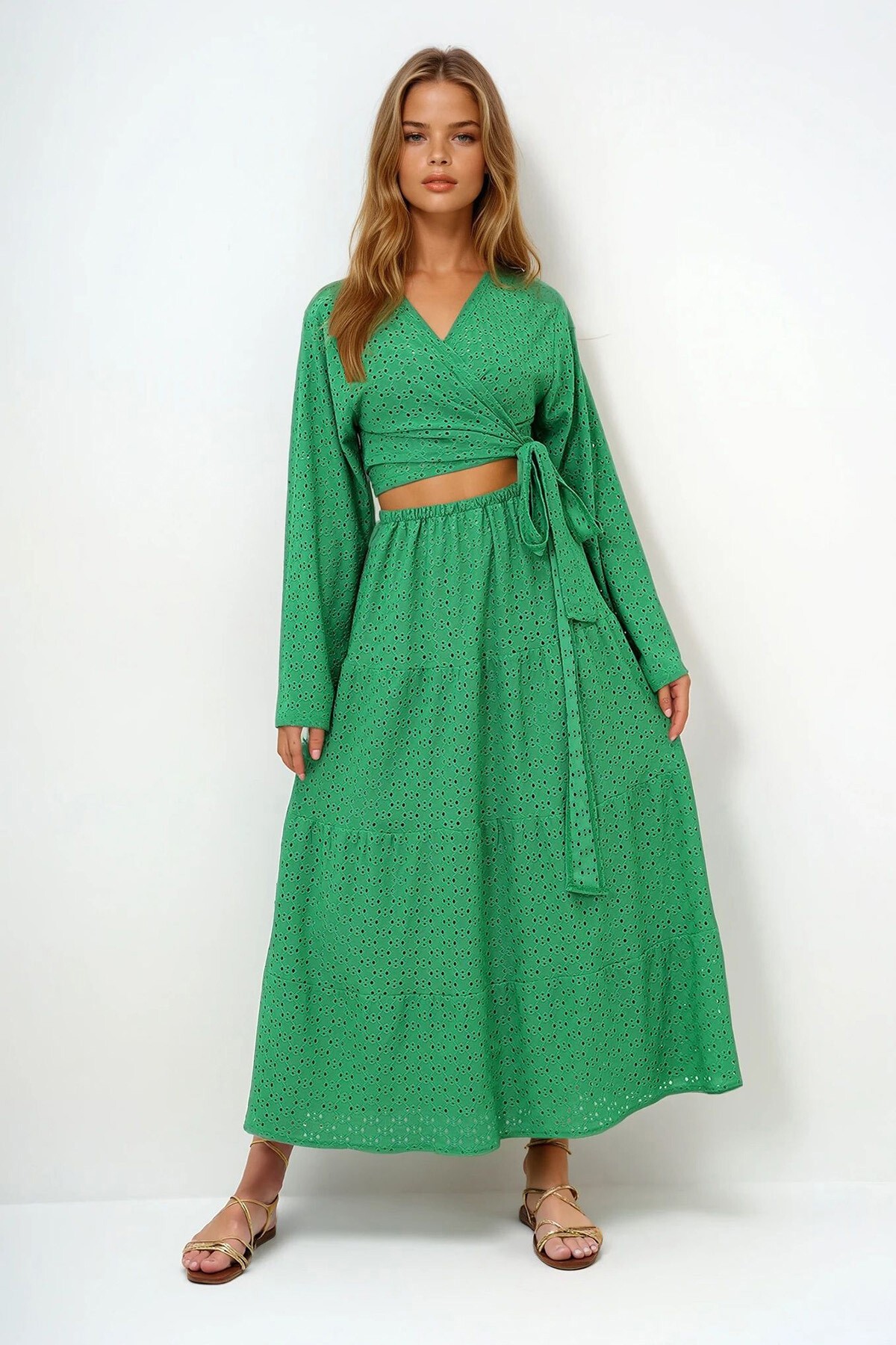 Yeşil Katkat Volanlı Güpür Premium Etek