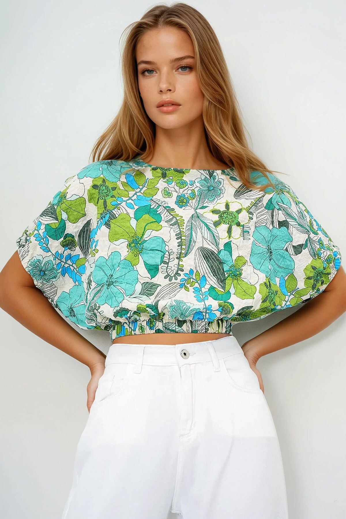 Yeşil Kayık Yaka Çiçek Desenli Dokuma Bürümcük Yazlık Crop Bluz