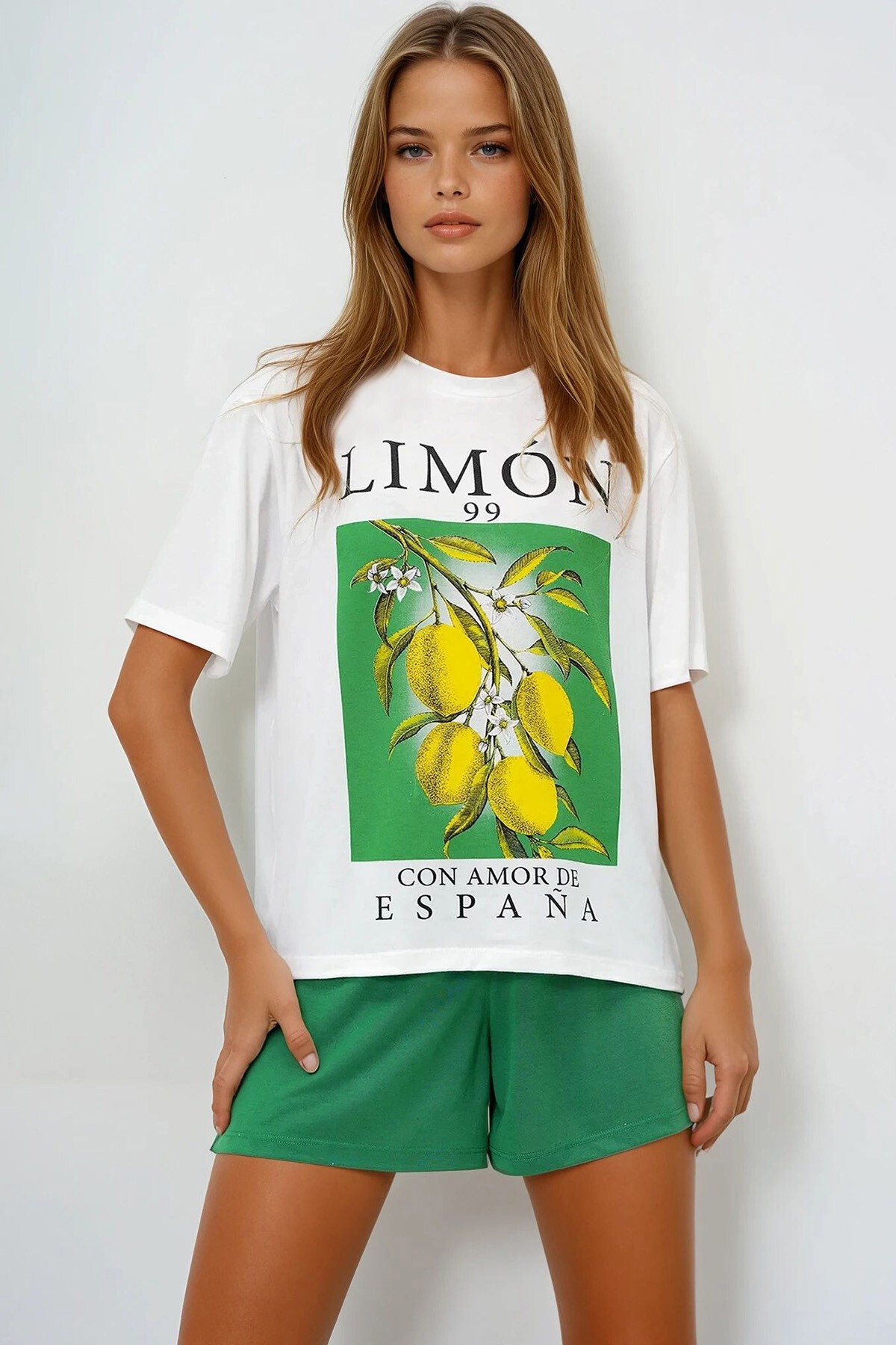 Yeşil Limon Baskılı Pamuklu Basic T Shırt Ve Şortlu Pijama Takımı