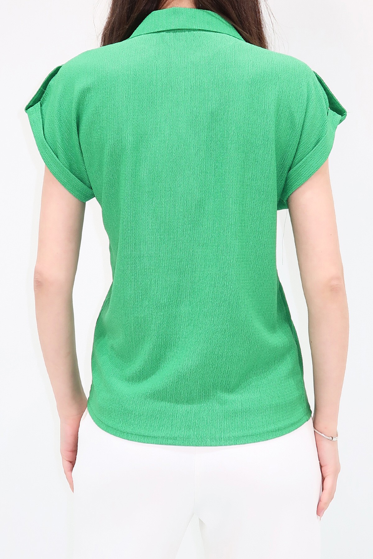 Yeşil Manşetli Duble Kısa Kollu Dokulu Gömlek