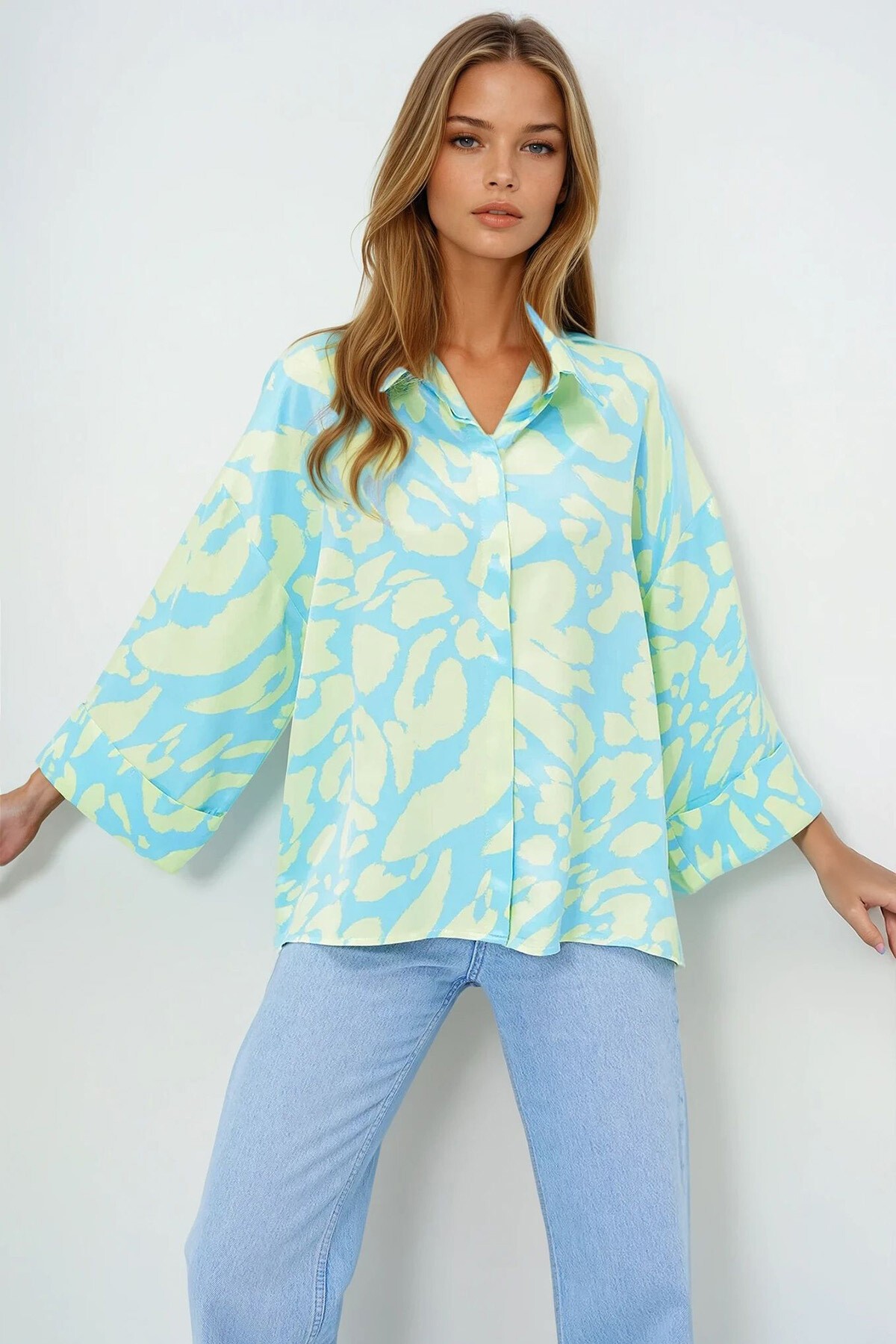 Yeşil Mavi Dijital Baskılı Oversize Double Kol Premium Dokuma Gömlek