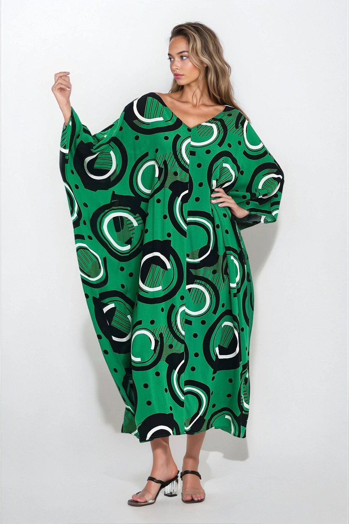 Yeşil Maxi Boy Baskılı Viskon Büyük Beden Elbise