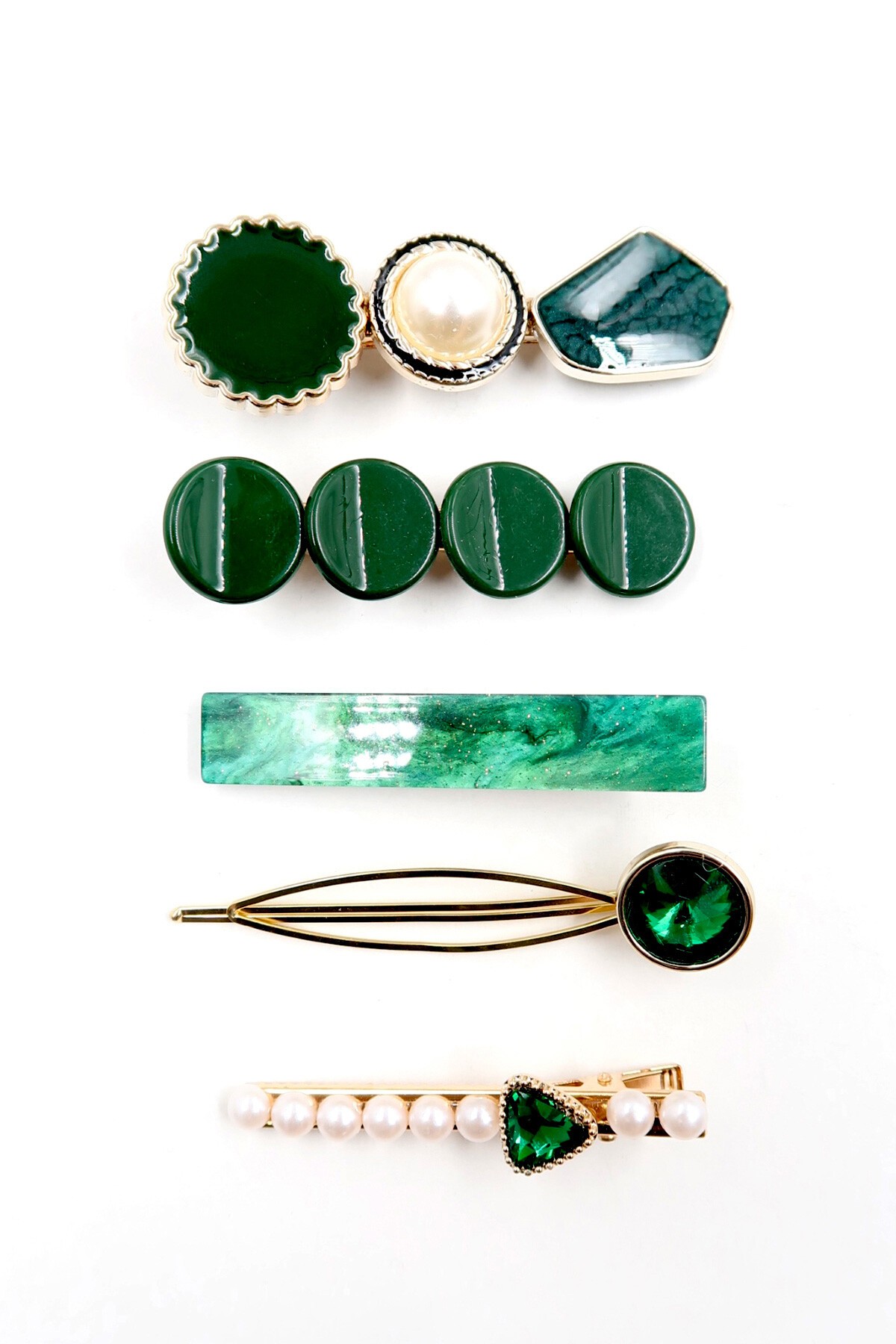 Yeşil Mineli İncili Zirkon Taş Detaylı 5Li Saç Tokası Seti