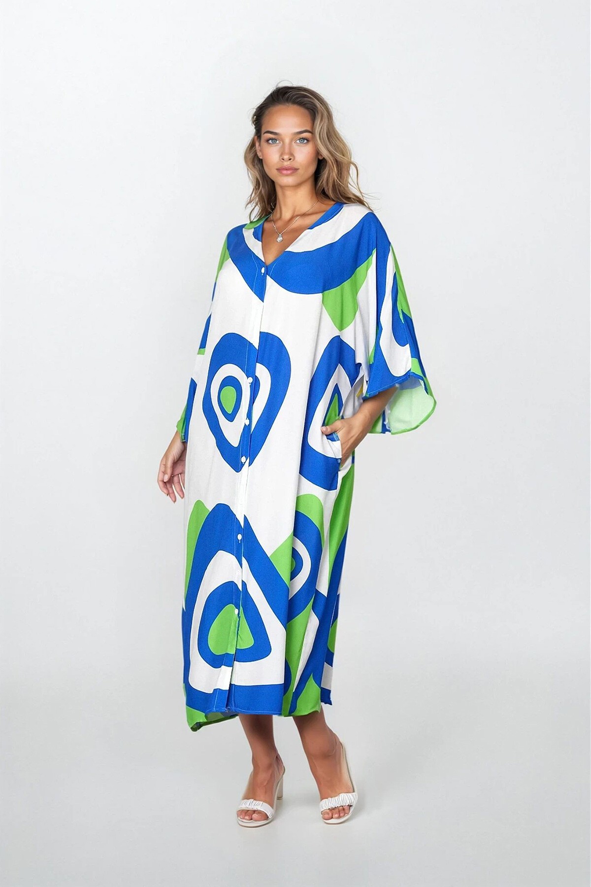 Yeşil Önü Düğmeli Çift Cepli Büyük Beden Viskon Elbise