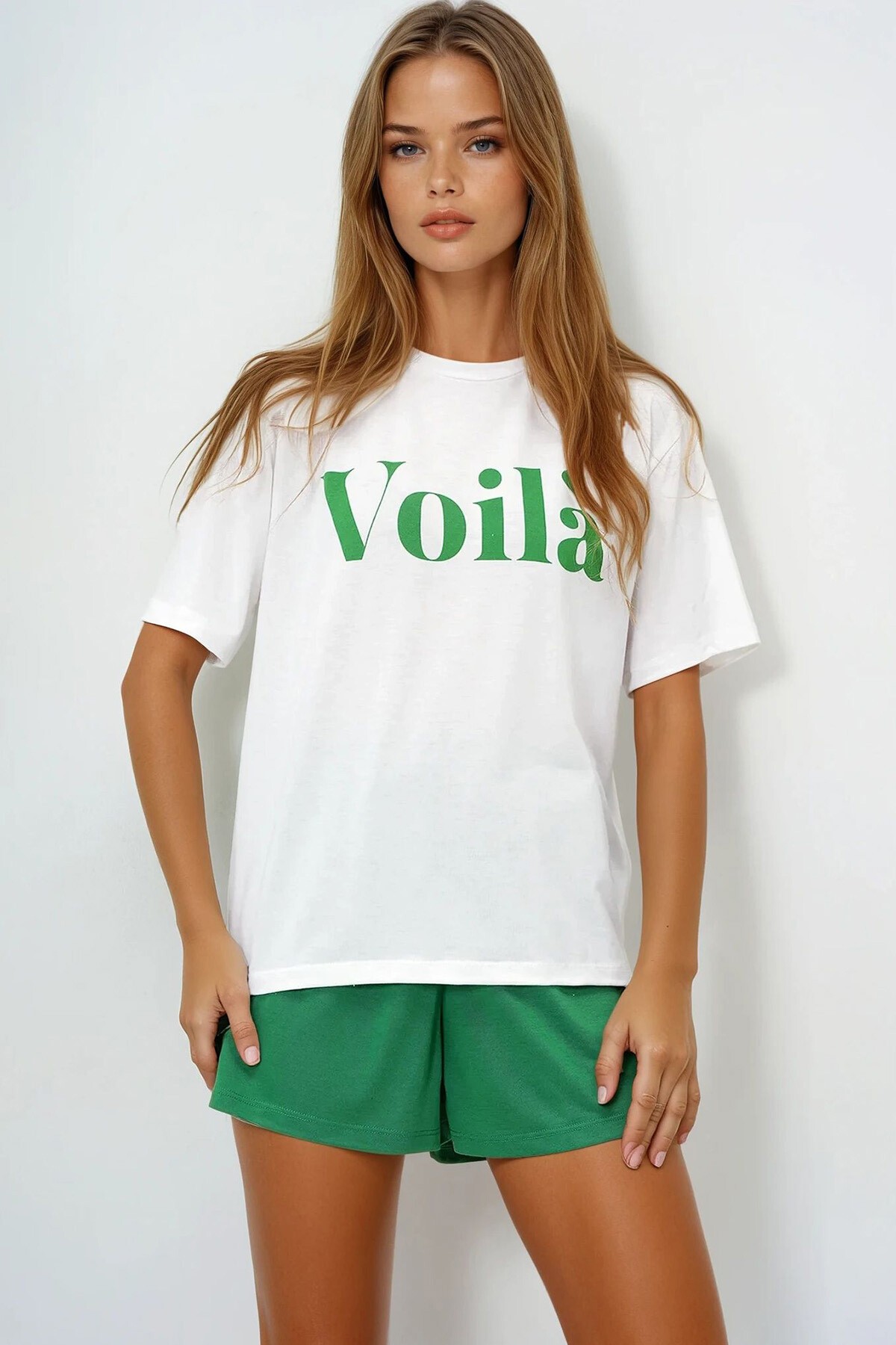 Yeşil Önü Yazı Baskılı Pamuklu Basic T Shırt Ve Şortlu Penye Alt Üst Takım