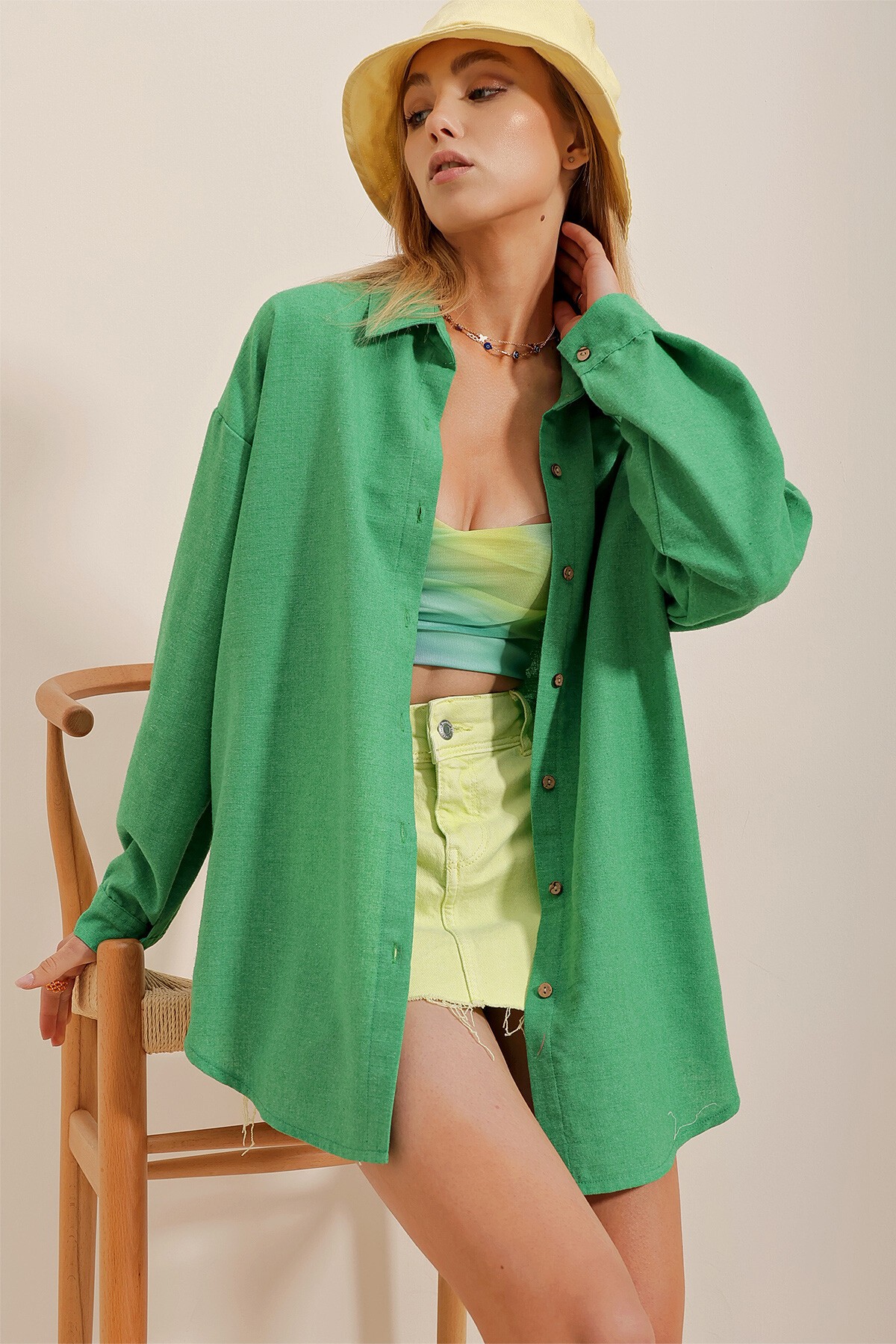 Yeşil Oversize Keten Gömlek