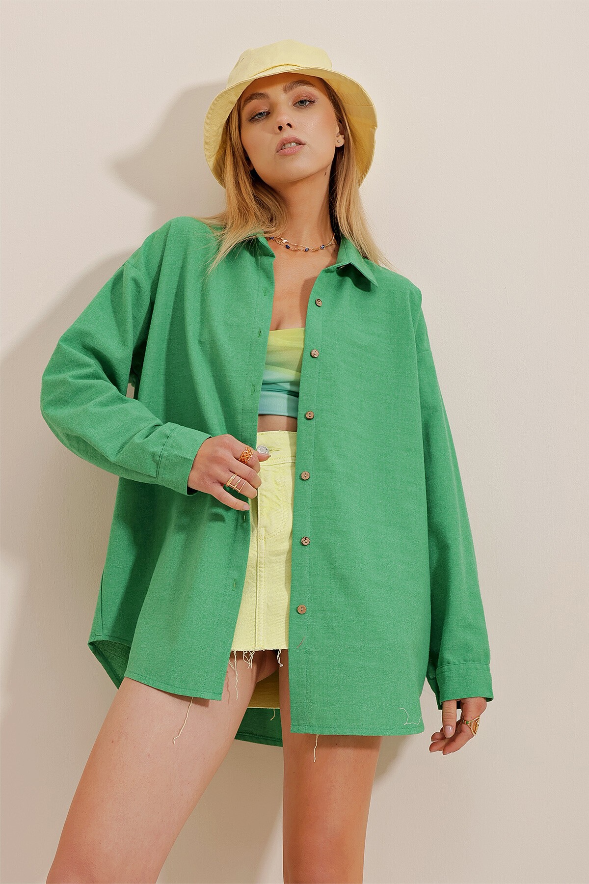 Yeşil Oversize Keten Gömlek