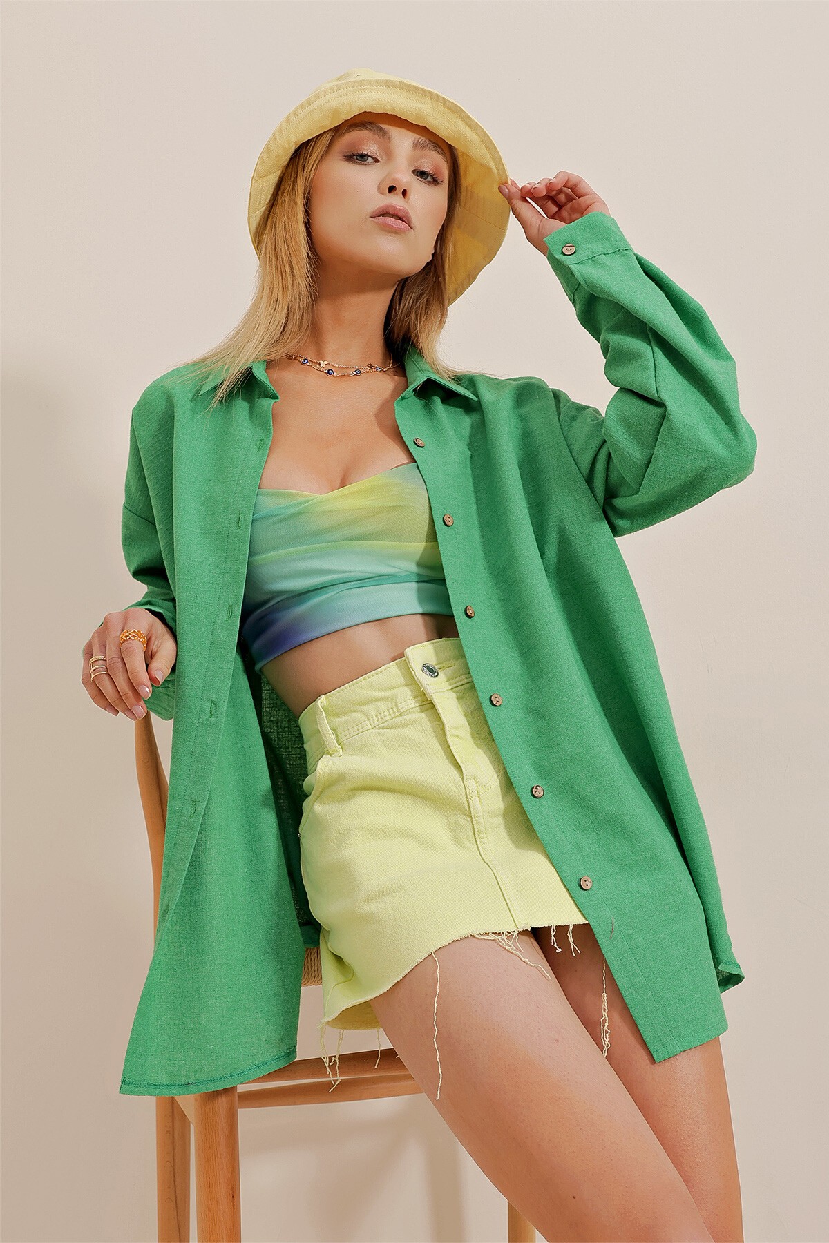 Yeşil Oversize Keten Gömlek