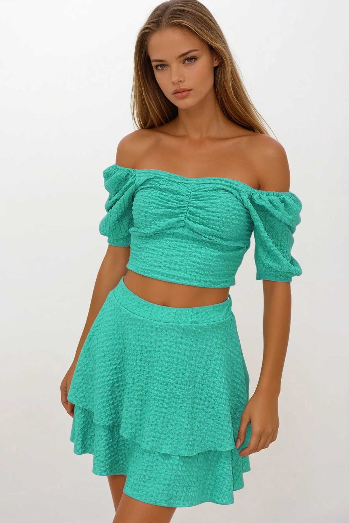 Yeşil Prenses Kol Büzgülü Bluz Ve Eteği Volanlı Bürümcük Takım