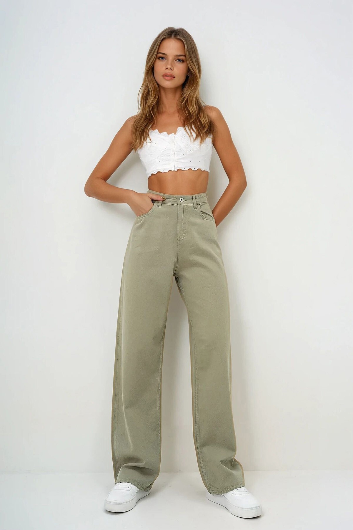 Yeşil Yüksek Bel Beş Cepli Wide Leg Yazlık Gabardin Pantolon