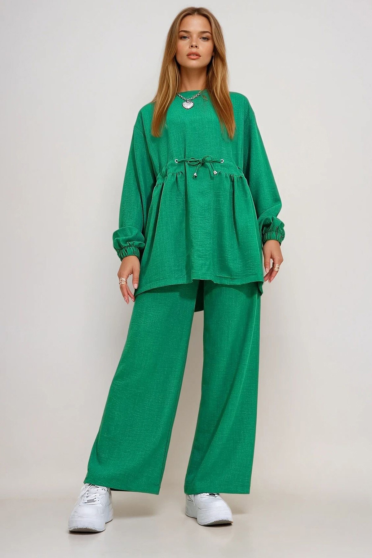 Zümrüt Yeşili Bisiklet Yaka Kendinden Kemerli Palazzo Pantolon Tunik Takım