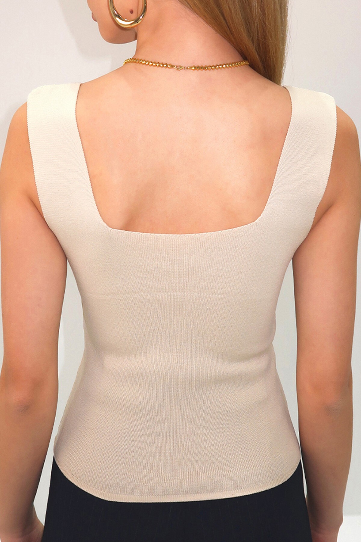 Acı Kahve Bej Kare Yaka Mevsimlik Merserize 2Li Triko Bluz