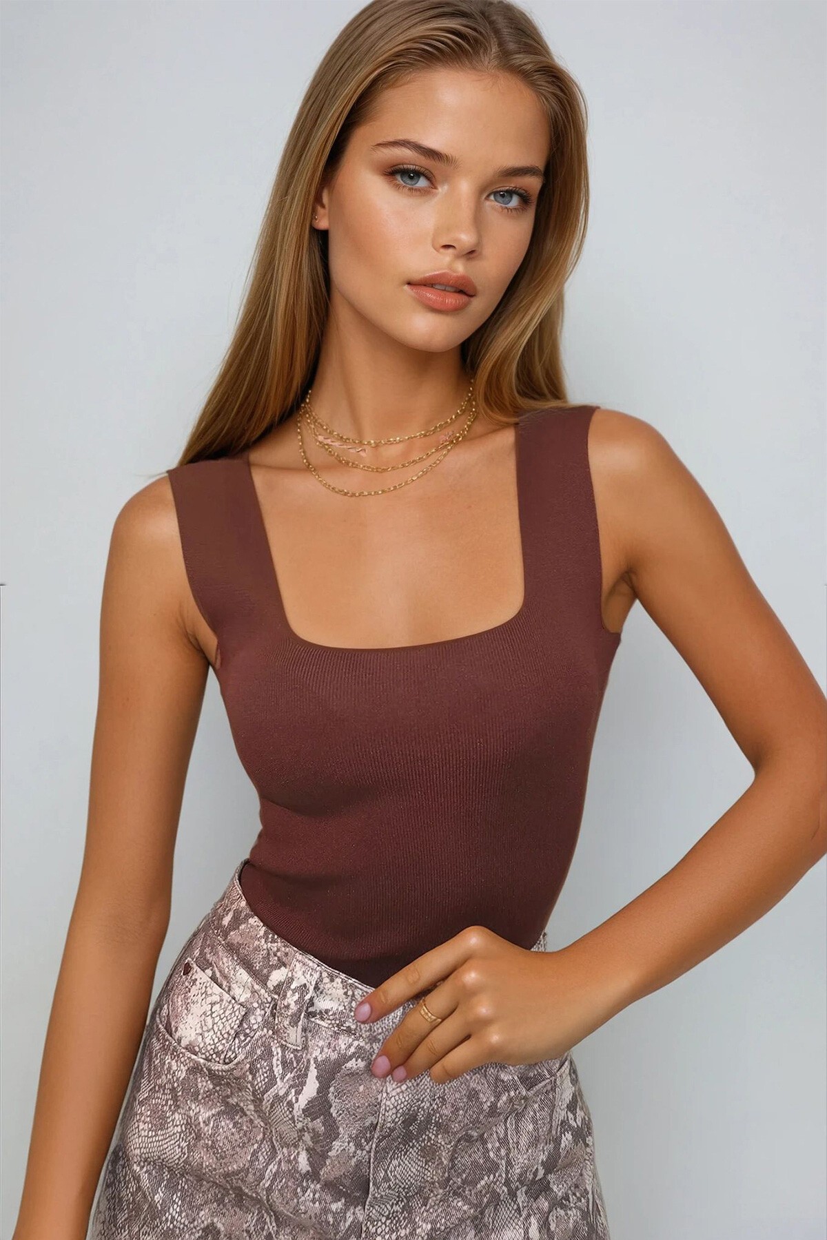 Acı Kahve Bej Kare Yaka Mevsimlik Merserize 2Li Triko Bluz