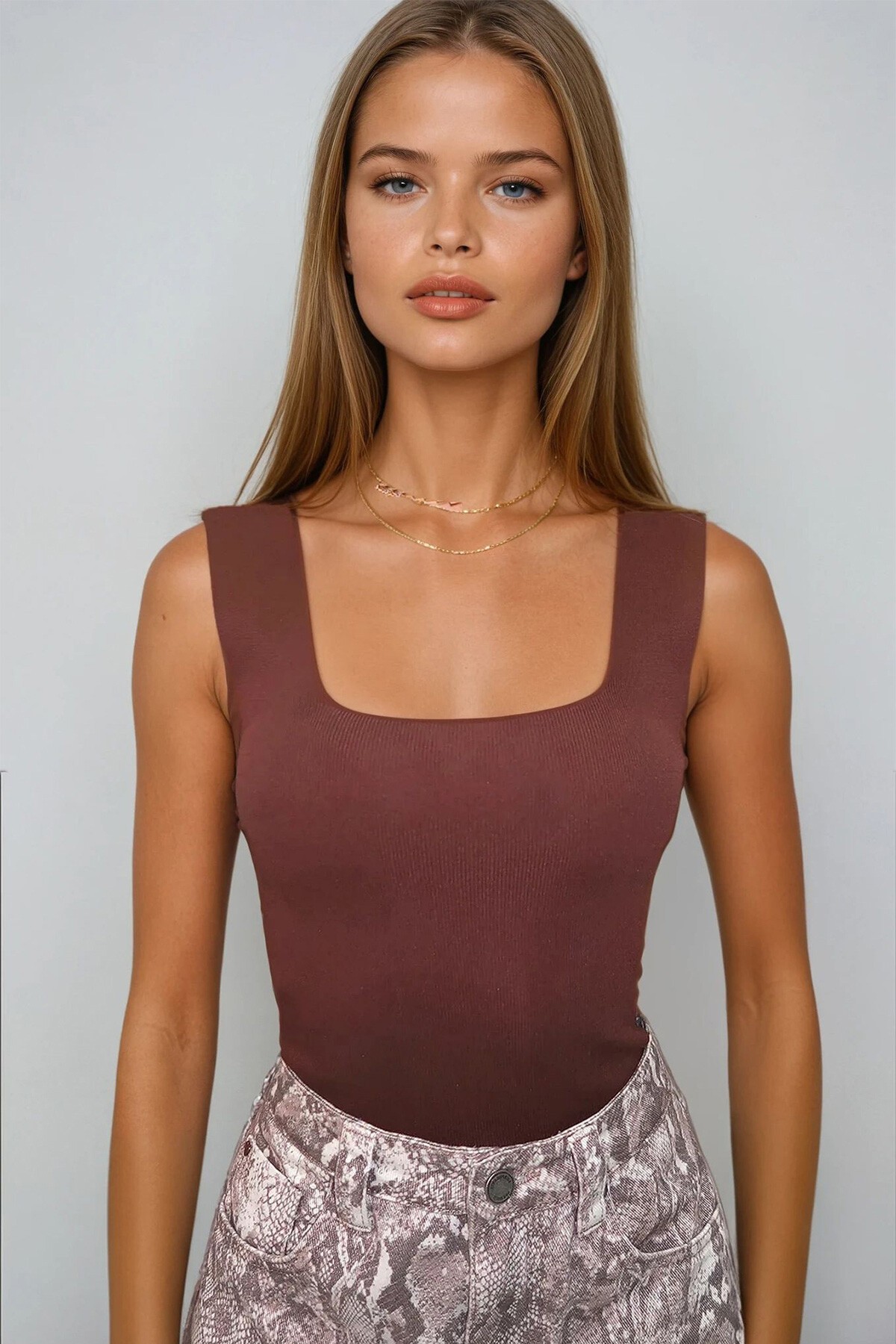 Acı Kahve Bej Kare Yaka Mevsimlik Merserize 2Li Triko Bluz