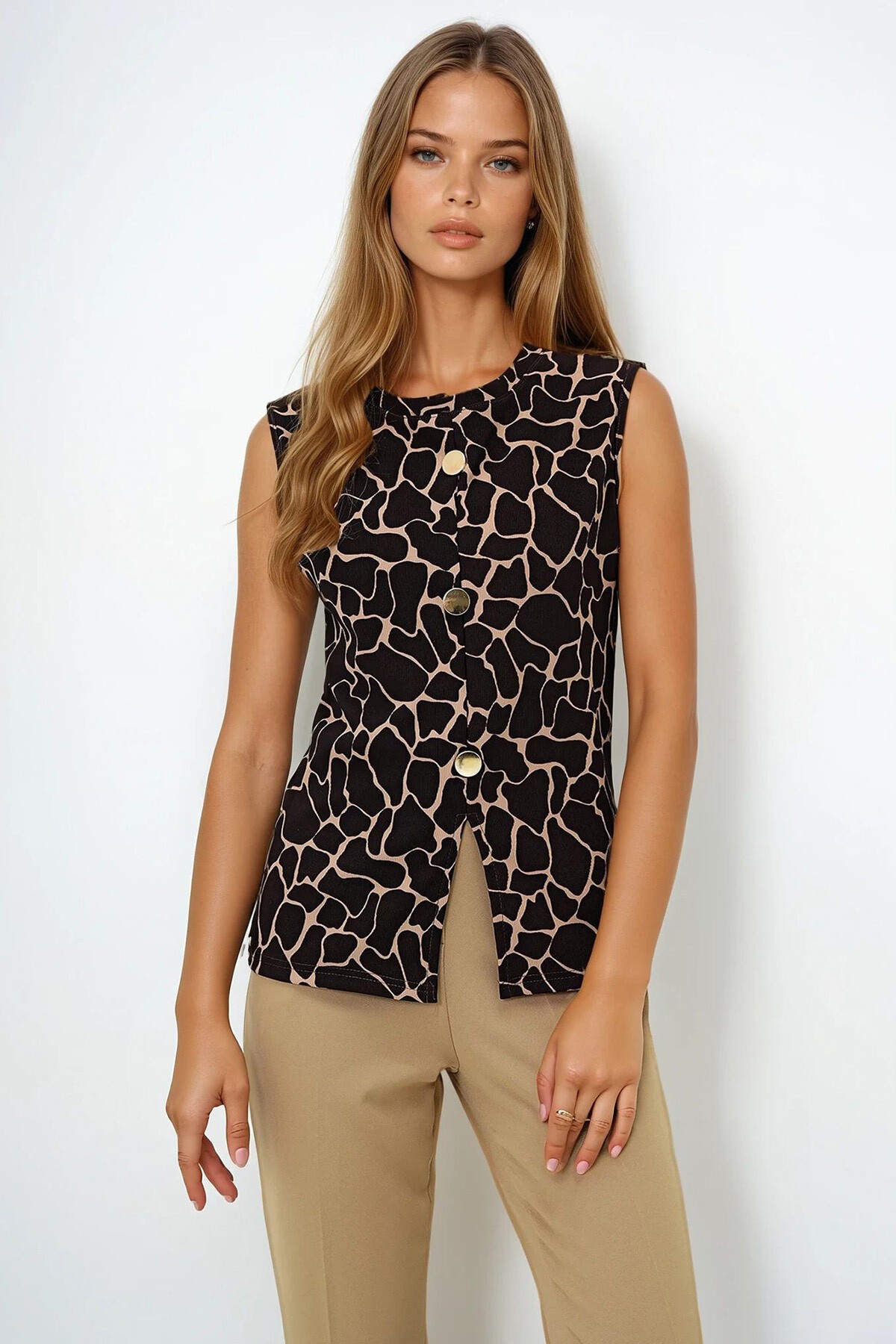 Acı Kahve Bisiklet Yaka Gold Düğmeli Ottoban Bluz