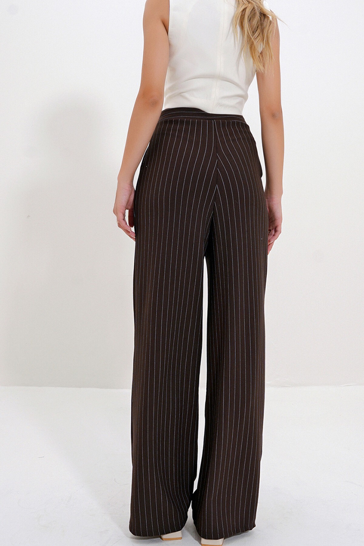Acı Kahve Çift Cepli Çizgili Palazzo Pantolon