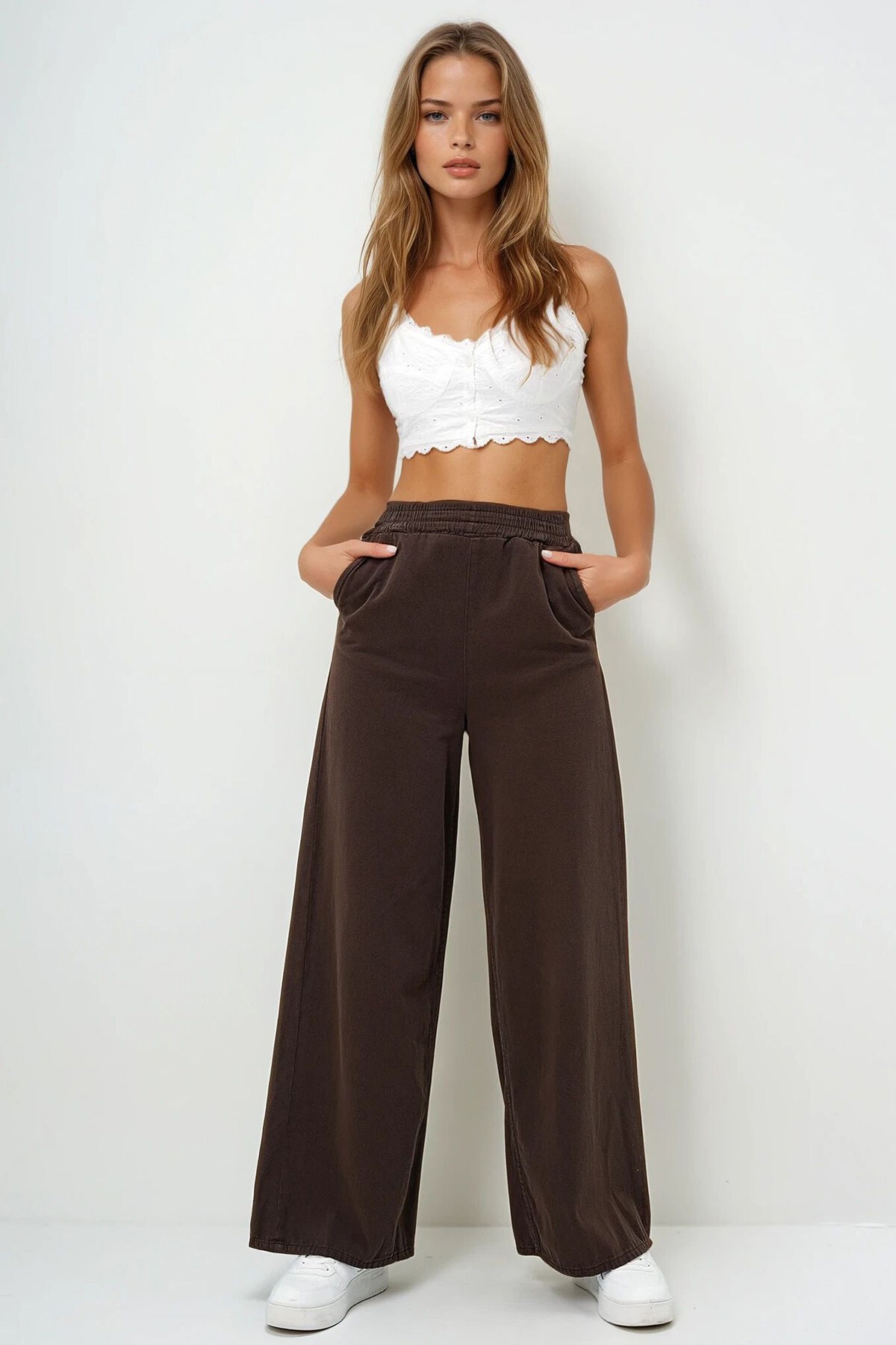 Acı Kahve Çift Cepli Gabardin Palazzo Pantolon