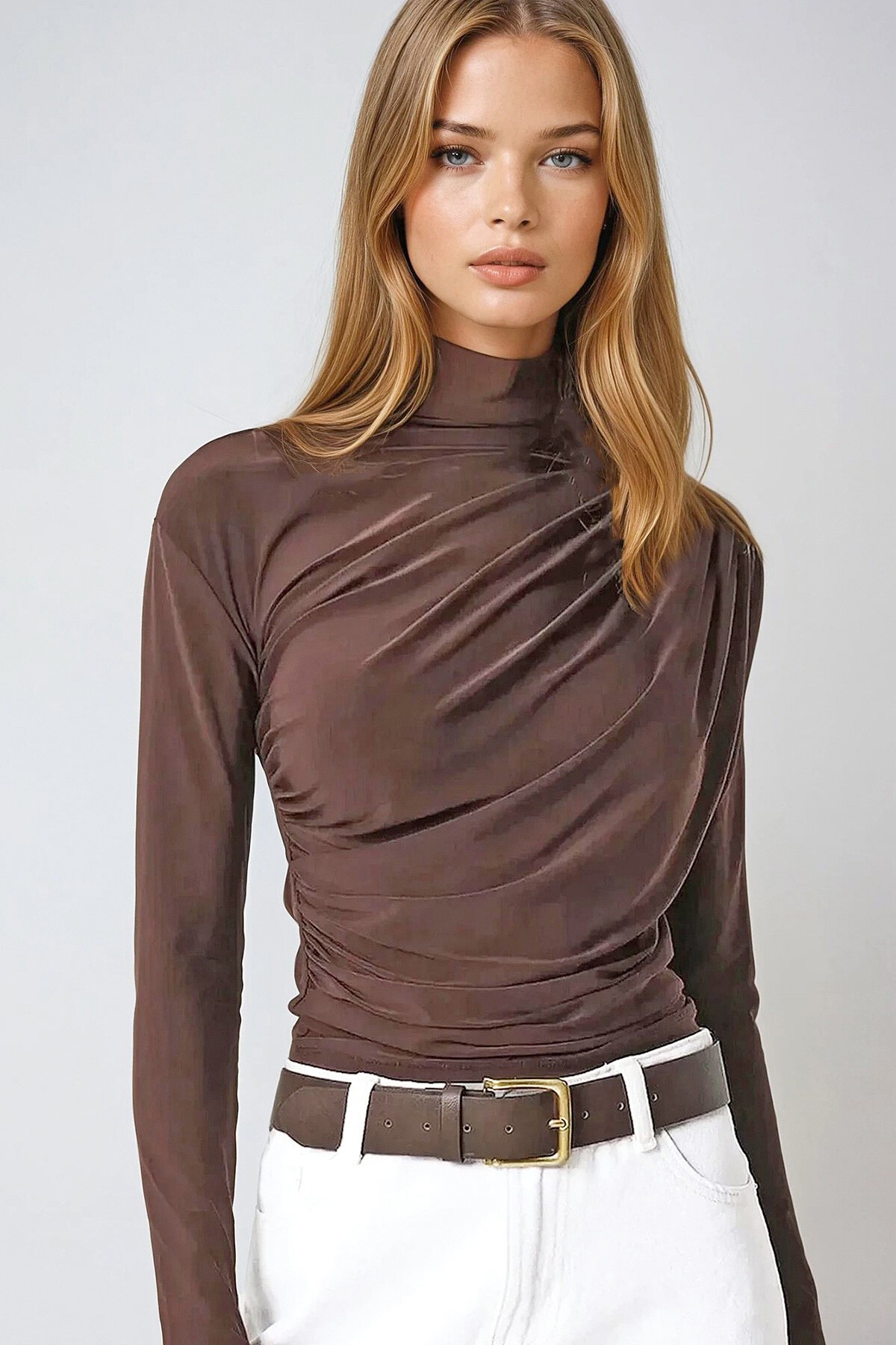 Acı Kahve Dik Yaka Omzu Drapeli Sandy Crop Bluz
