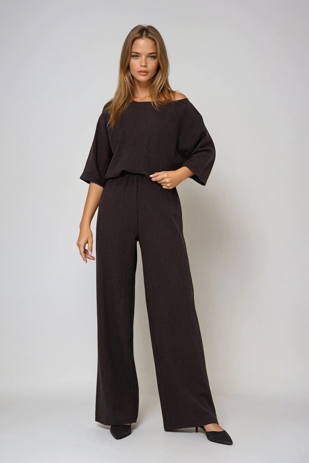 Acı Kahve Kayık Yaka Yarasa Kol Salaş Bluz Ve Palazzo Pantolon Bürümcük Takım