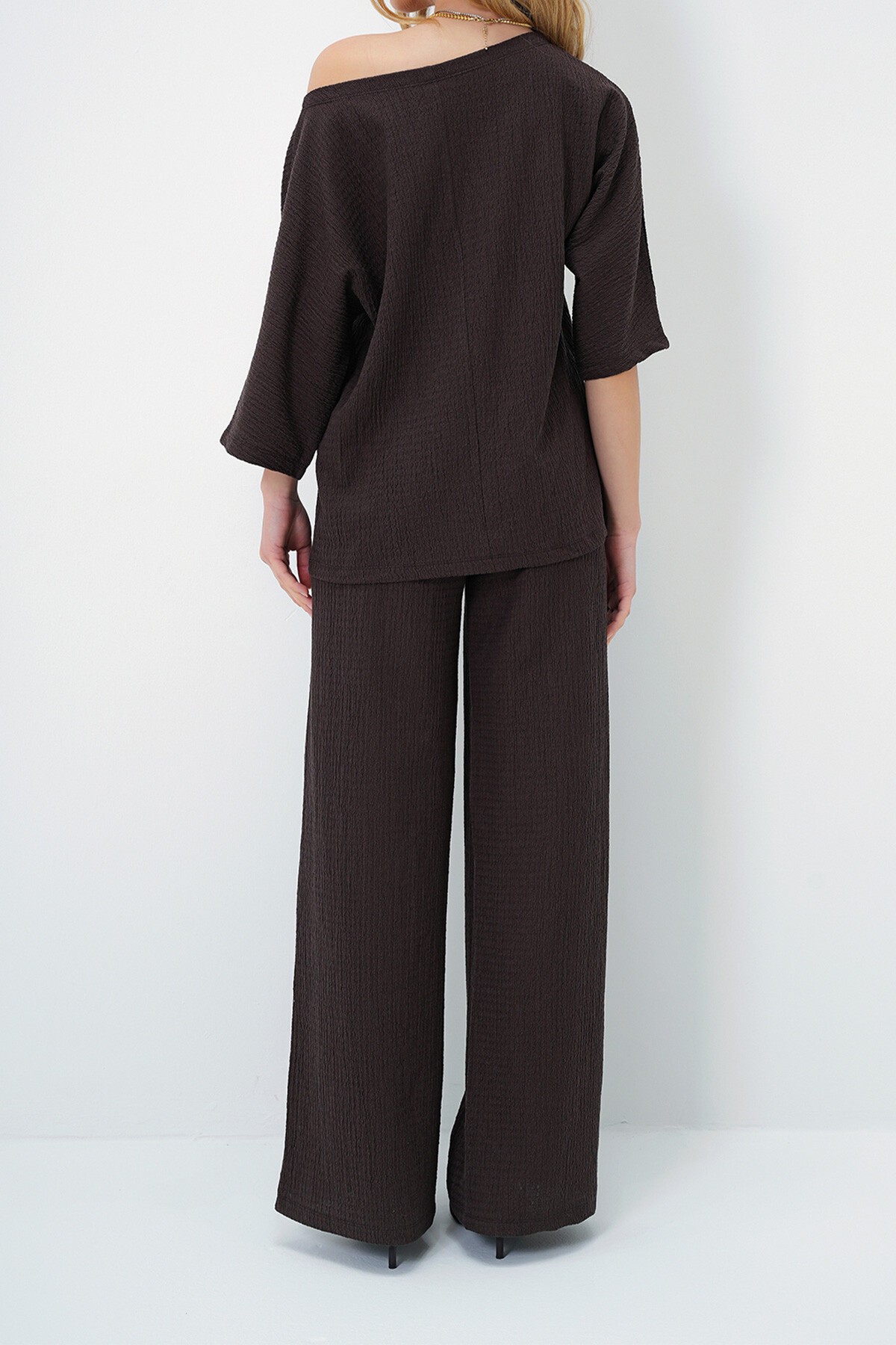 Acı Kahve Kayık Yaka Yarasa Kol Salaş Bluz Ve Palazzo Pantolon Bürümcük Takım