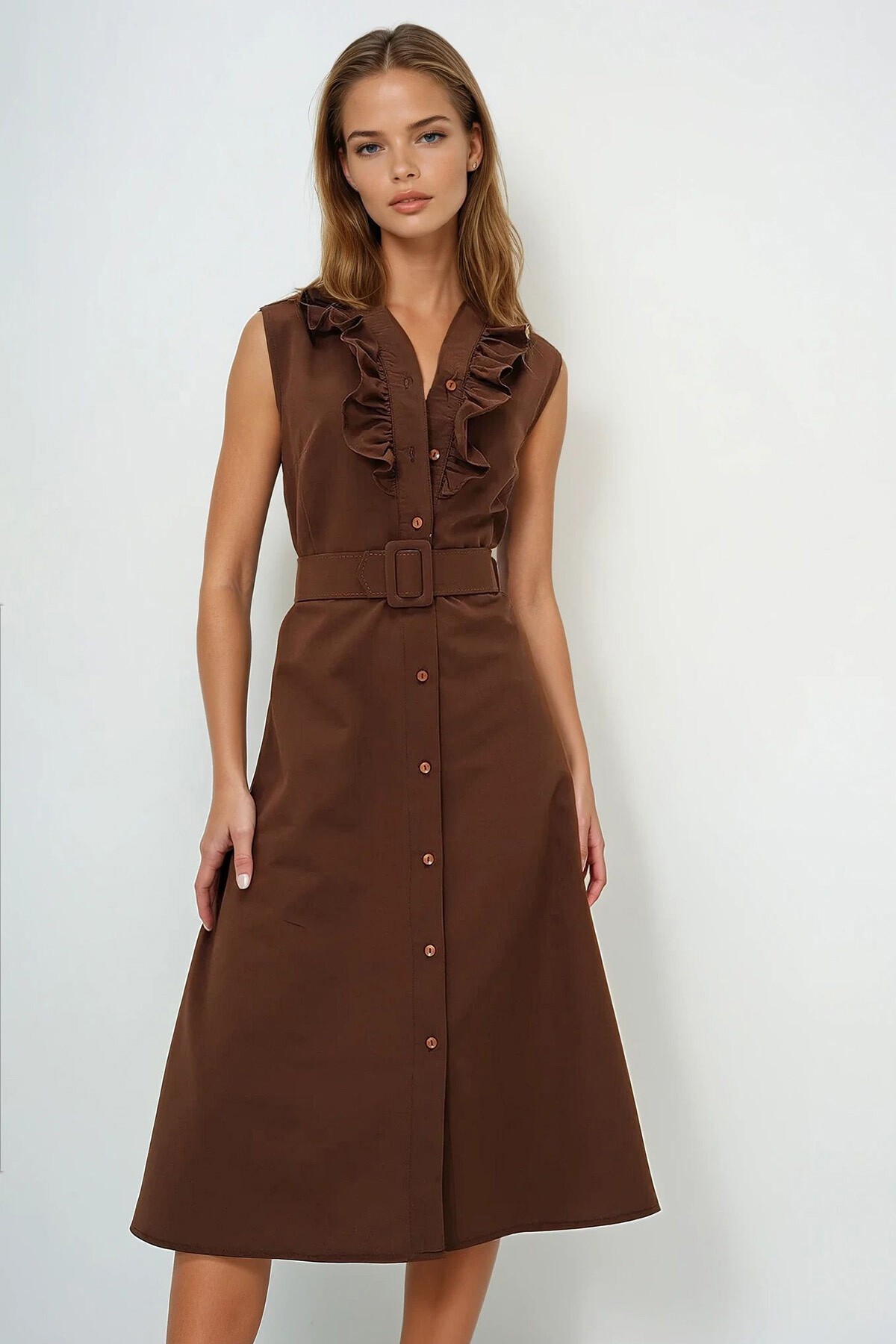 Acı Kahve Önü Fırfırlı Kemerli Poplin Dokuma Elbise
