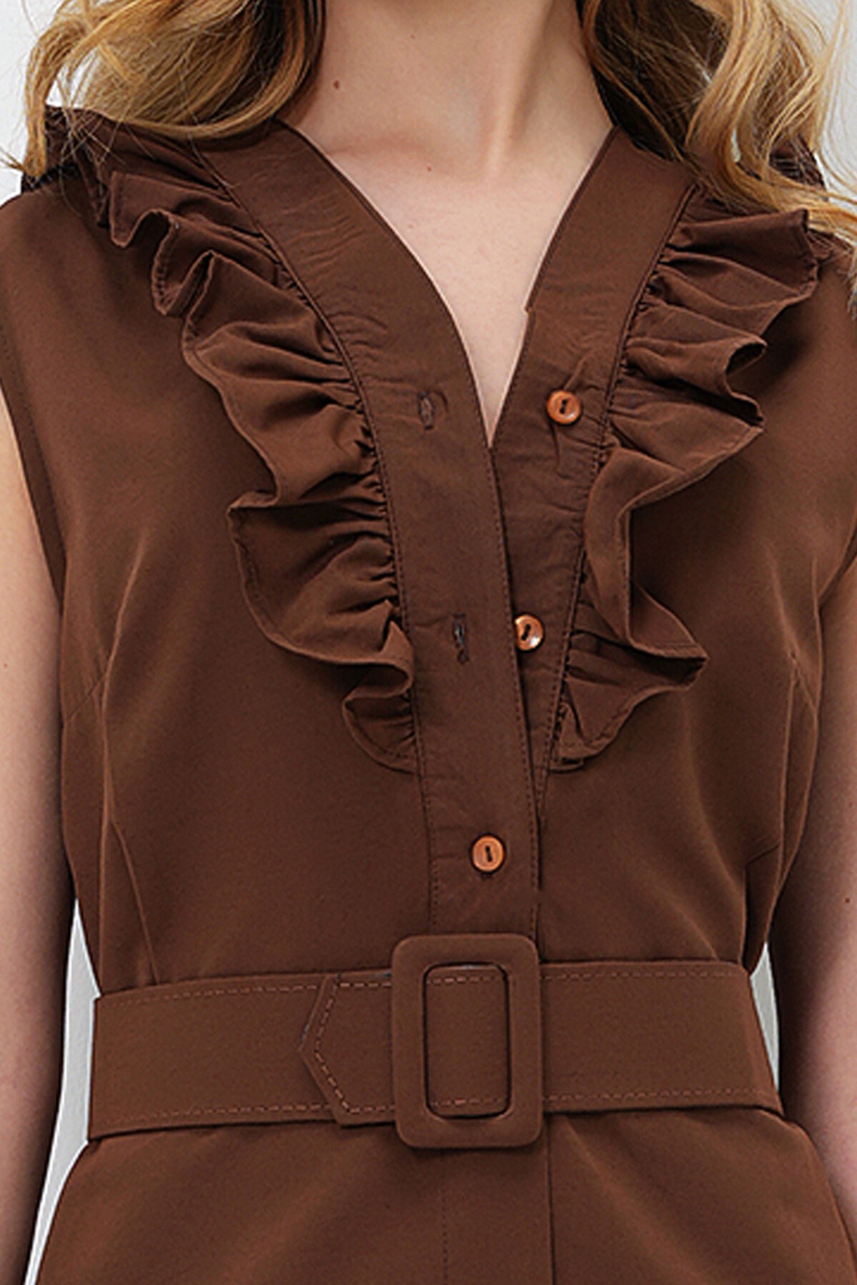 Acı Kahve Önü Fırfırlı Kemerli Poplin Dokuma Elbise