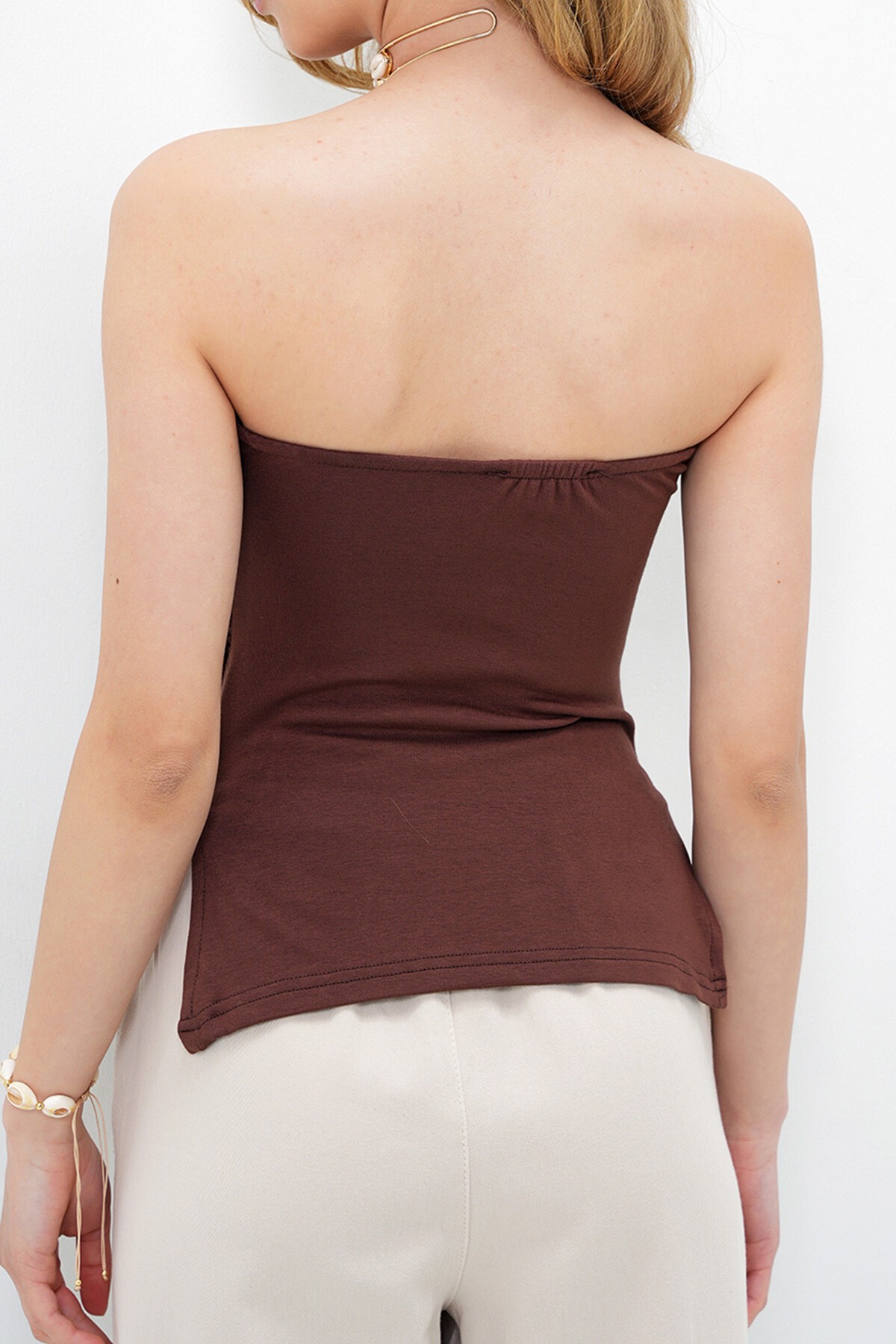 Acı Kahve Straplez Yanı Yırtmaçlı Çelik Örme Bluz