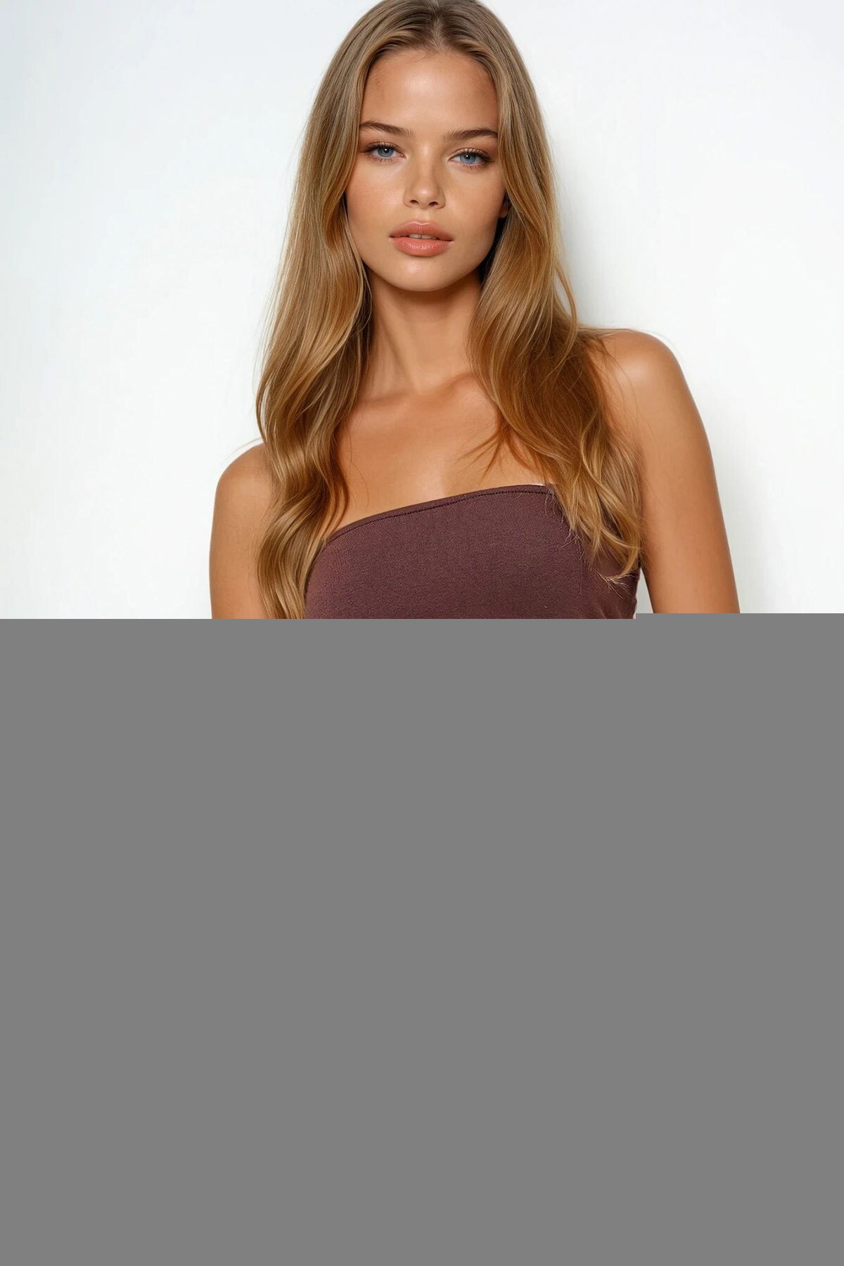 Acı Kahve Straplez Yanı Yırtmaçlı Çelik Örme Bluz