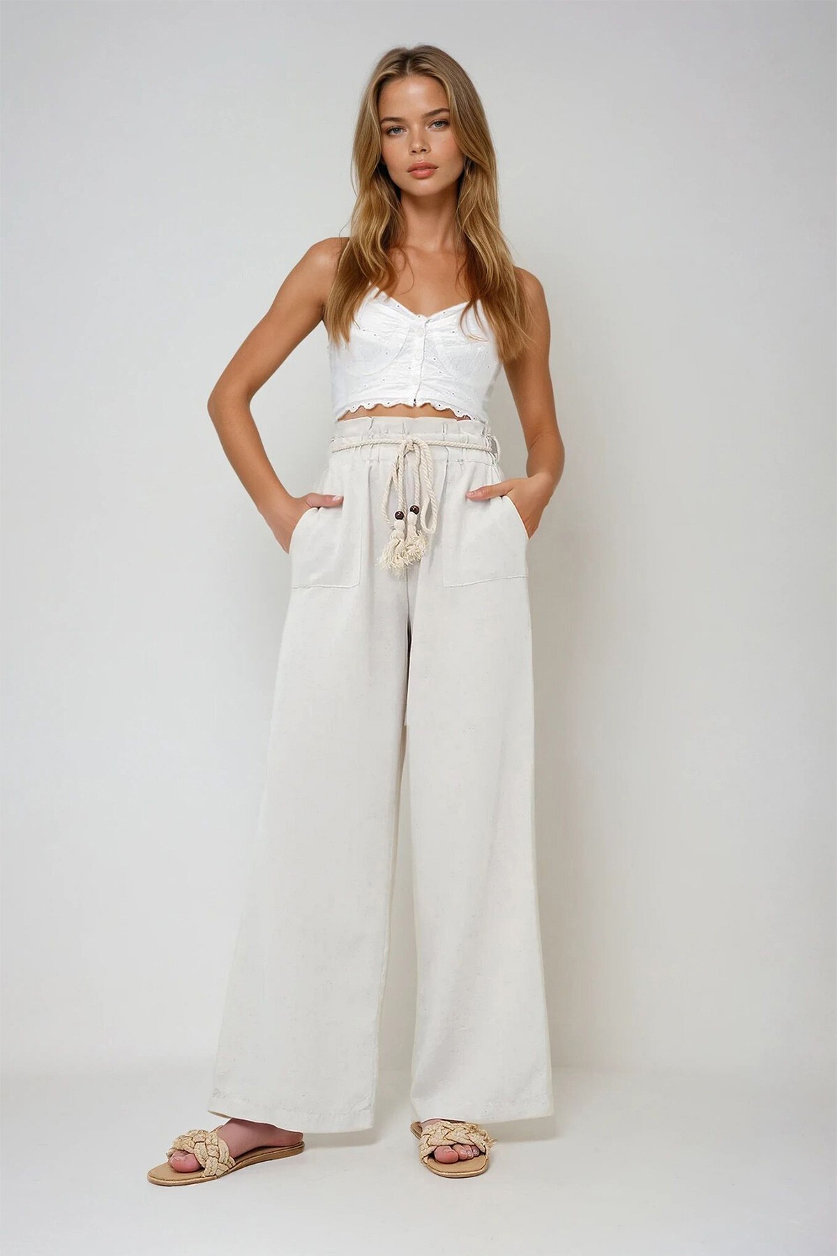 Açık Bej Çift Cepli Bağcıklı Palazzo Keten Pantolon