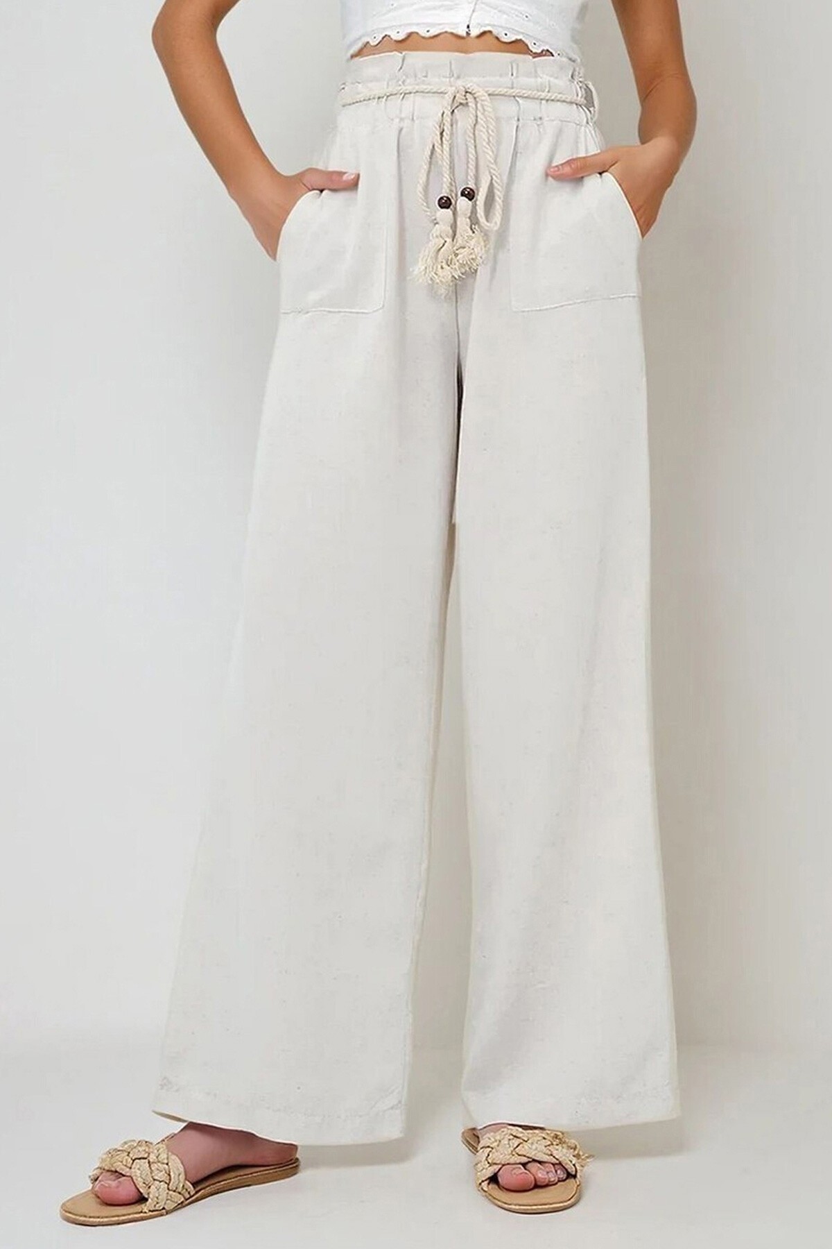 Açık Bej Çift Cepli Bağcıklı Palazzo Keten Pantolon