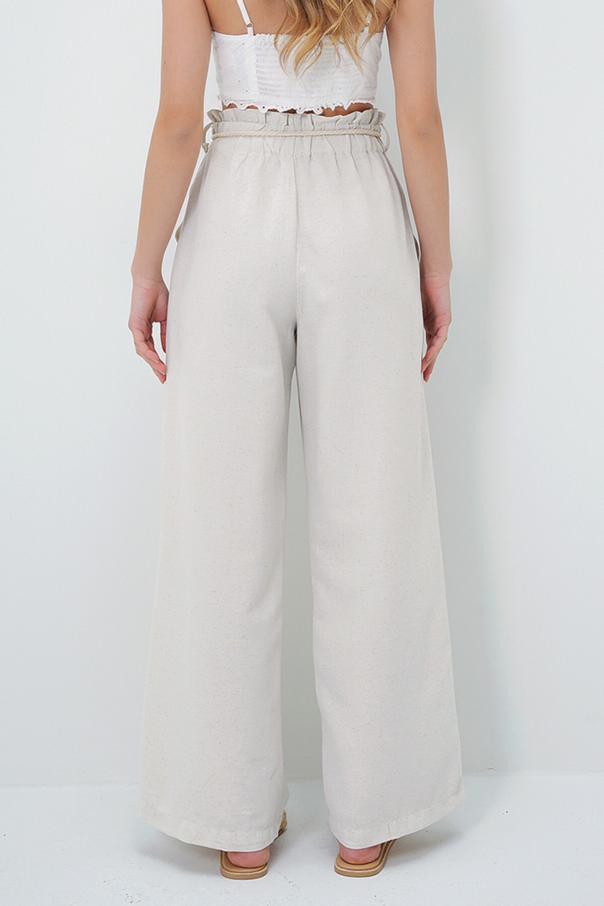 Açık Bej Çift Cepli Bağcıklı Palazzo Keten Pantolon