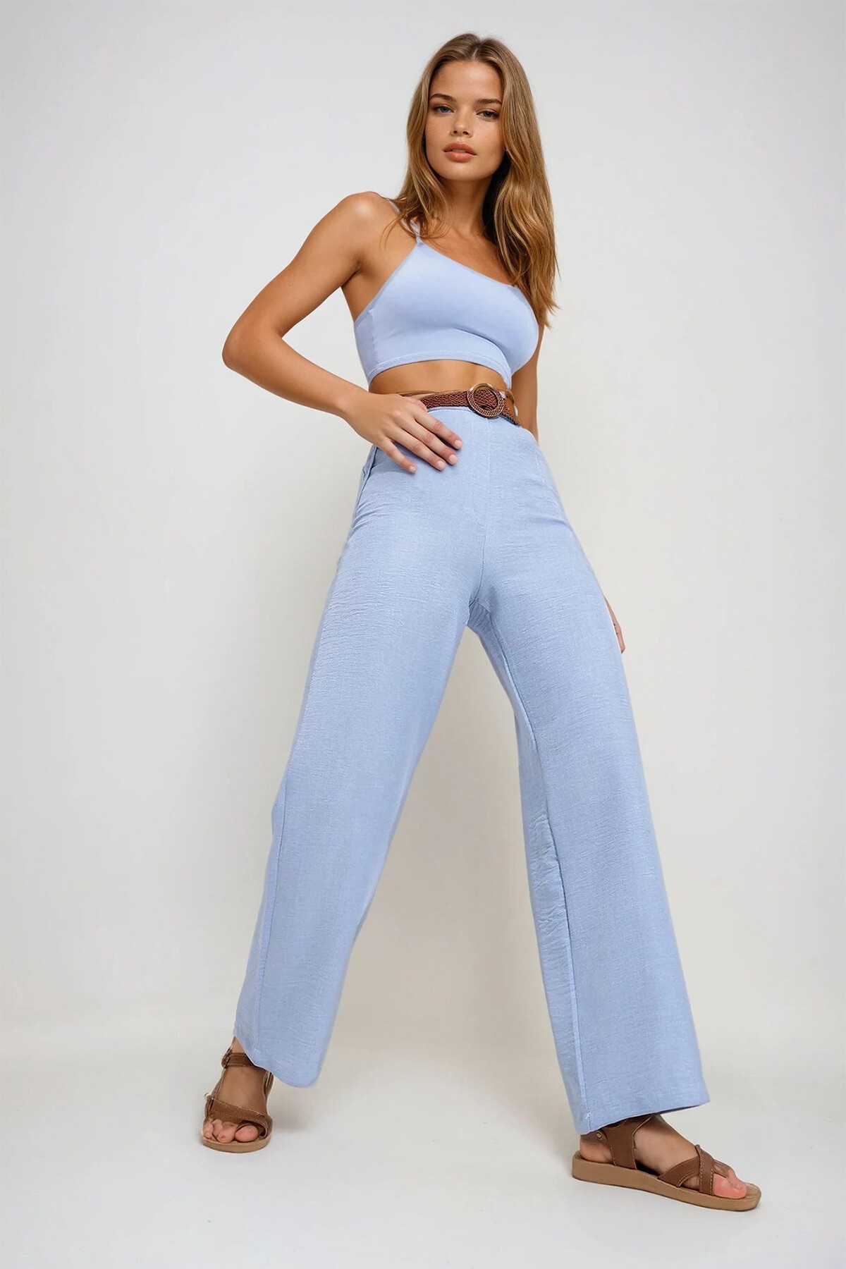 Açık Mavi Beli Kemerli Yandan Gizli Fermuarlı Yüksek Bel Dokuma Pantolon