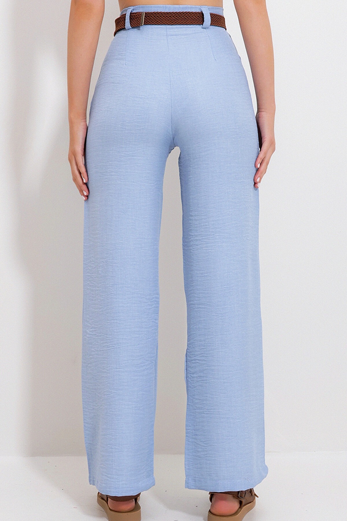 Açık Mavi Beli Kemerli Yandan Gizli Fermuarlı Yüksek Bel Dokuma Pantolon