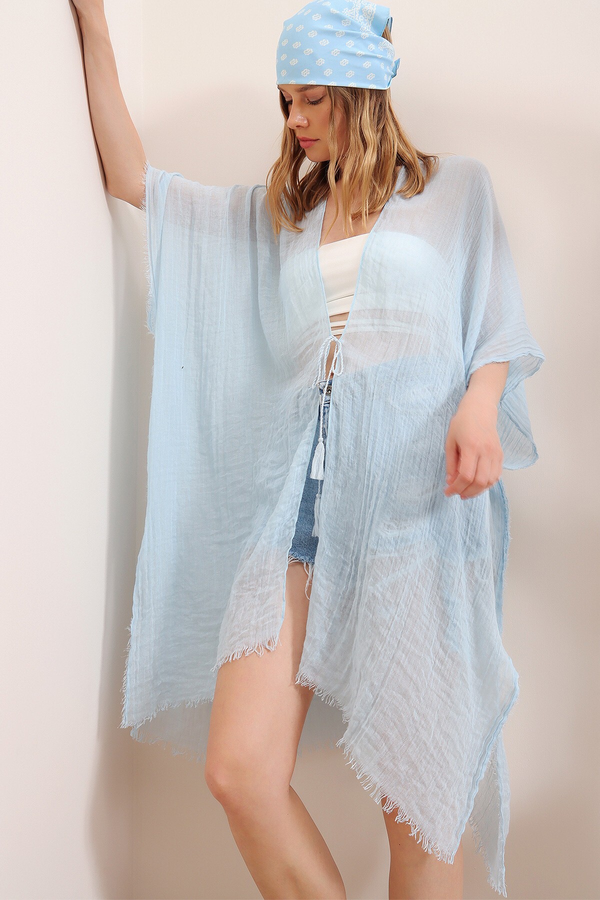 Açık Mavi Oversize Pamuklu Kimono