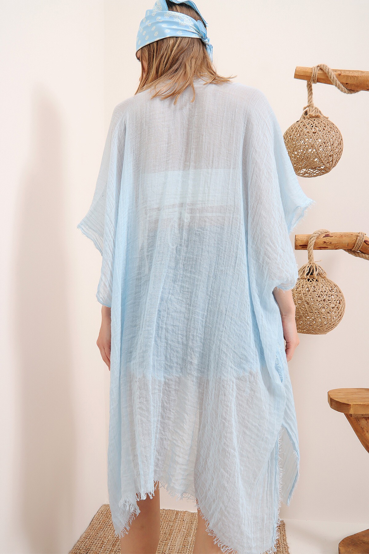 Açık Mavi Oversize Pamuklu Kimono