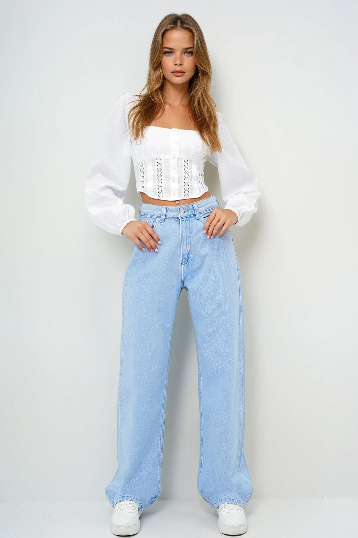 Açık Mavi Yüksek Bel Buggy Kesim Jean Pantolon