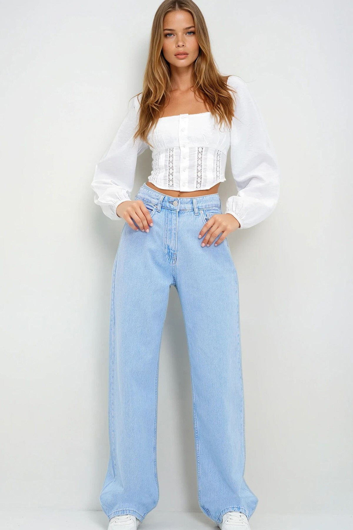 Açık Mavi Yüksek Bel Buggy Kesim Jean Pantolon