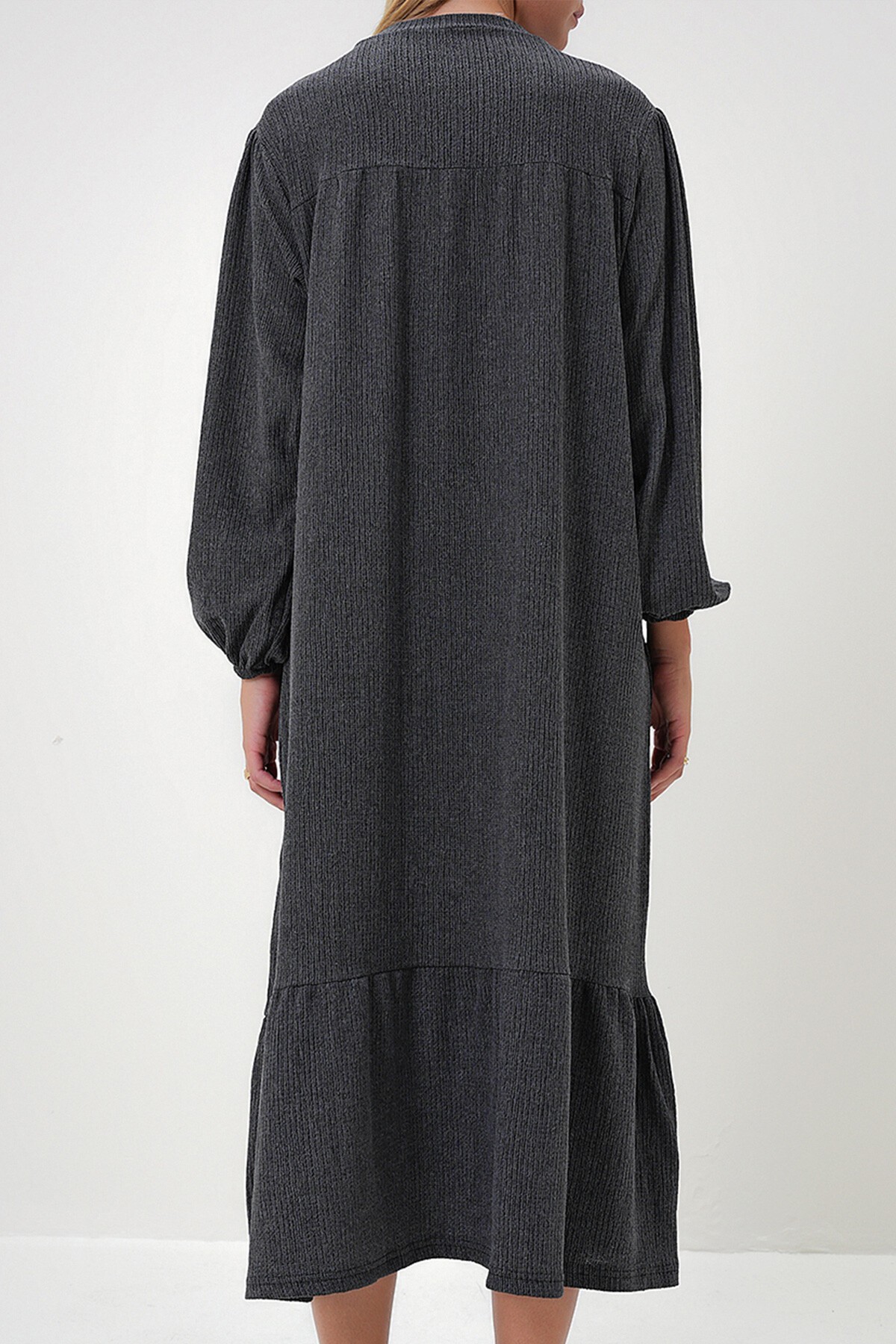 Antrasit Bisiklet Yaka Balon Kol Eteği Volanlı Maxi Boy Elbise