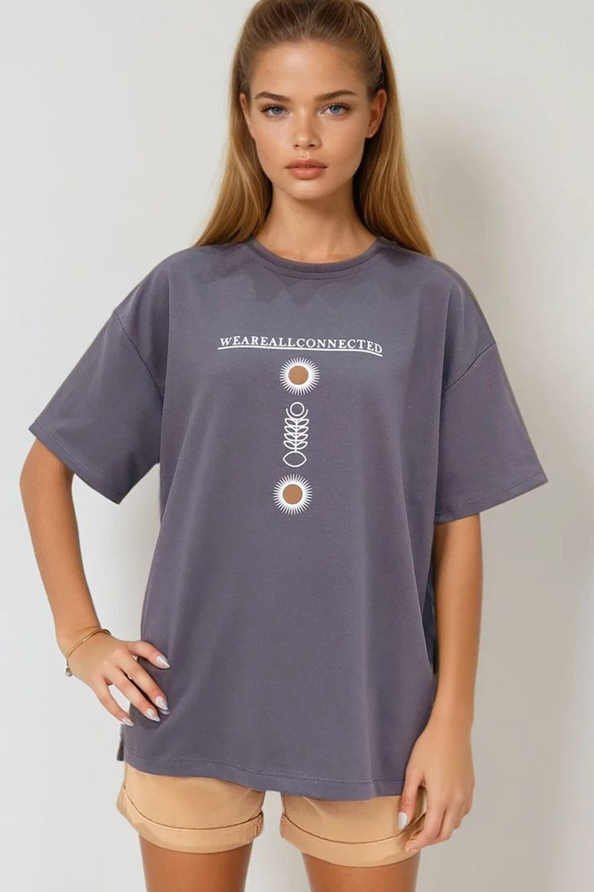 Antrasit Bisiklet Yaka Baskılı Oversize Unisex T Shirt