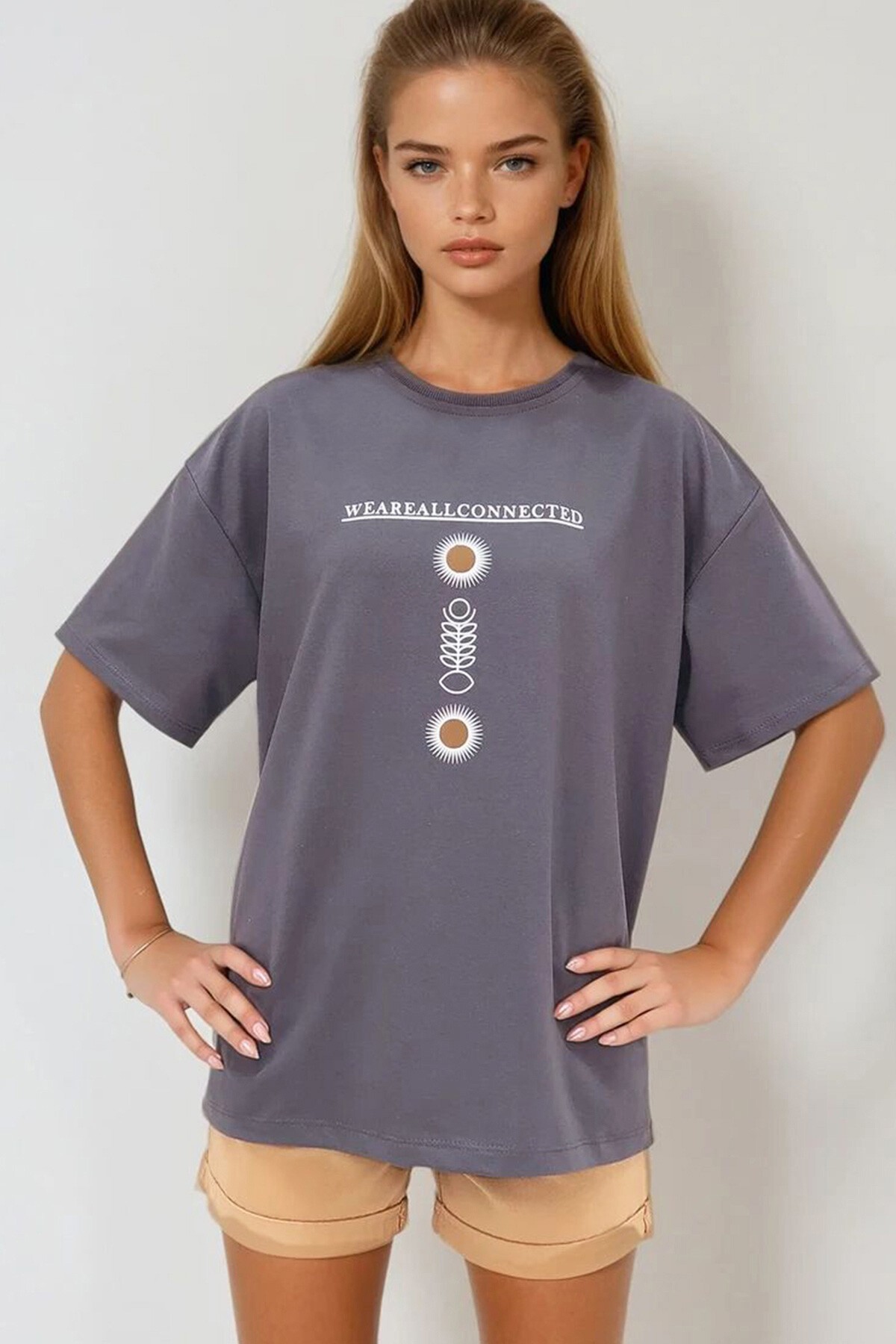 Antrasit Bisiklet Yaka Baskılı Oversize Unisex T Shirt