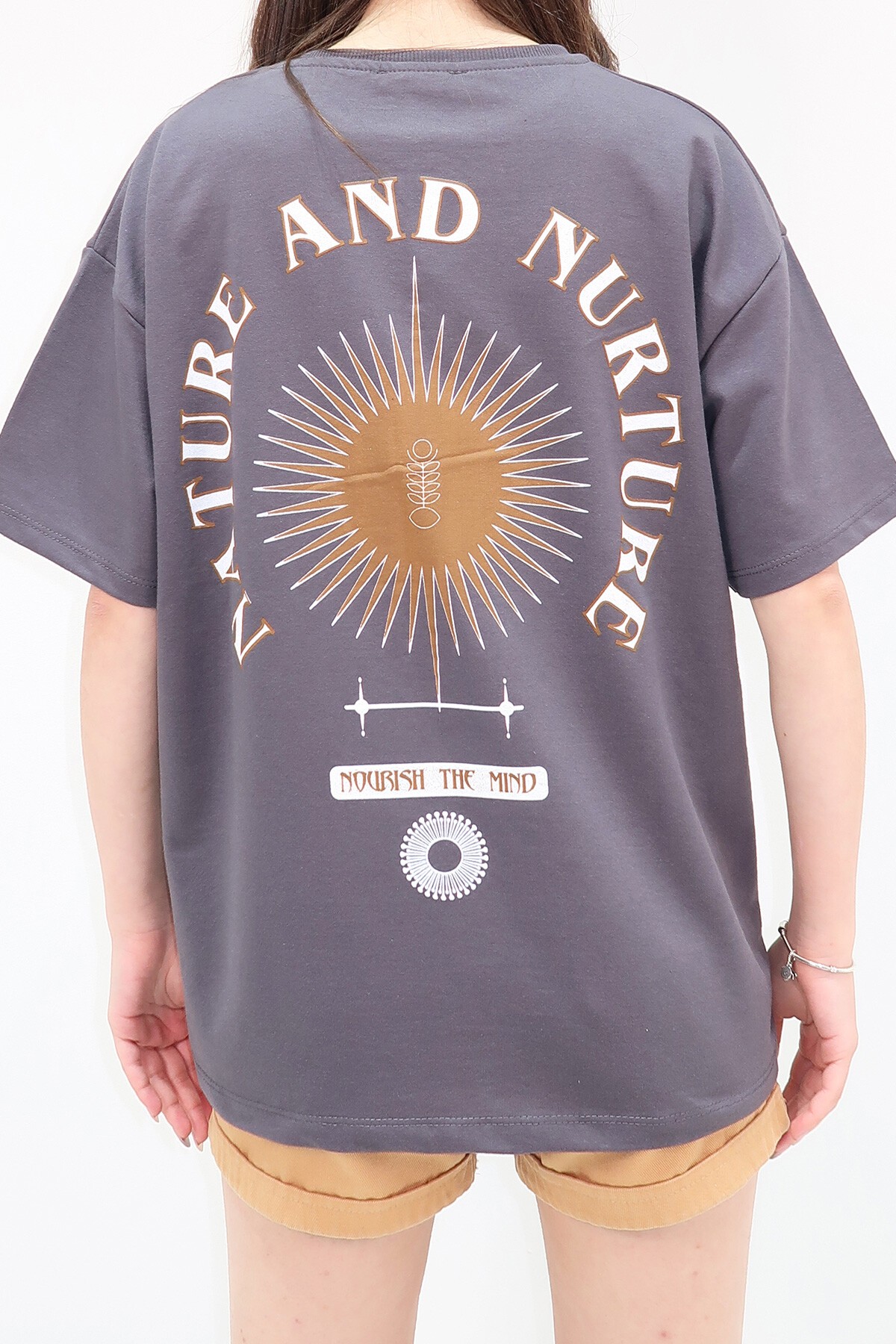 Antrasit Bisiklet Yaka Baskılı Oversize Unisex T Shirt