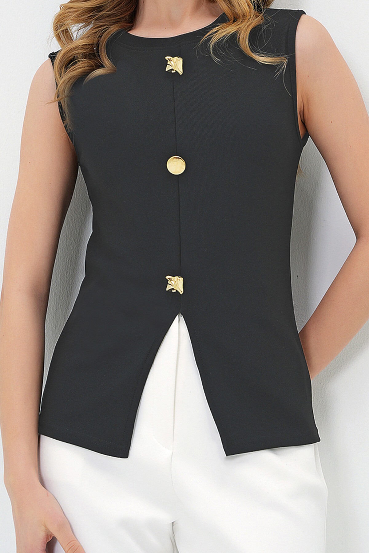 Antrasit Bisiklet Yaka Gold Düğmeli Ottoban Bluz