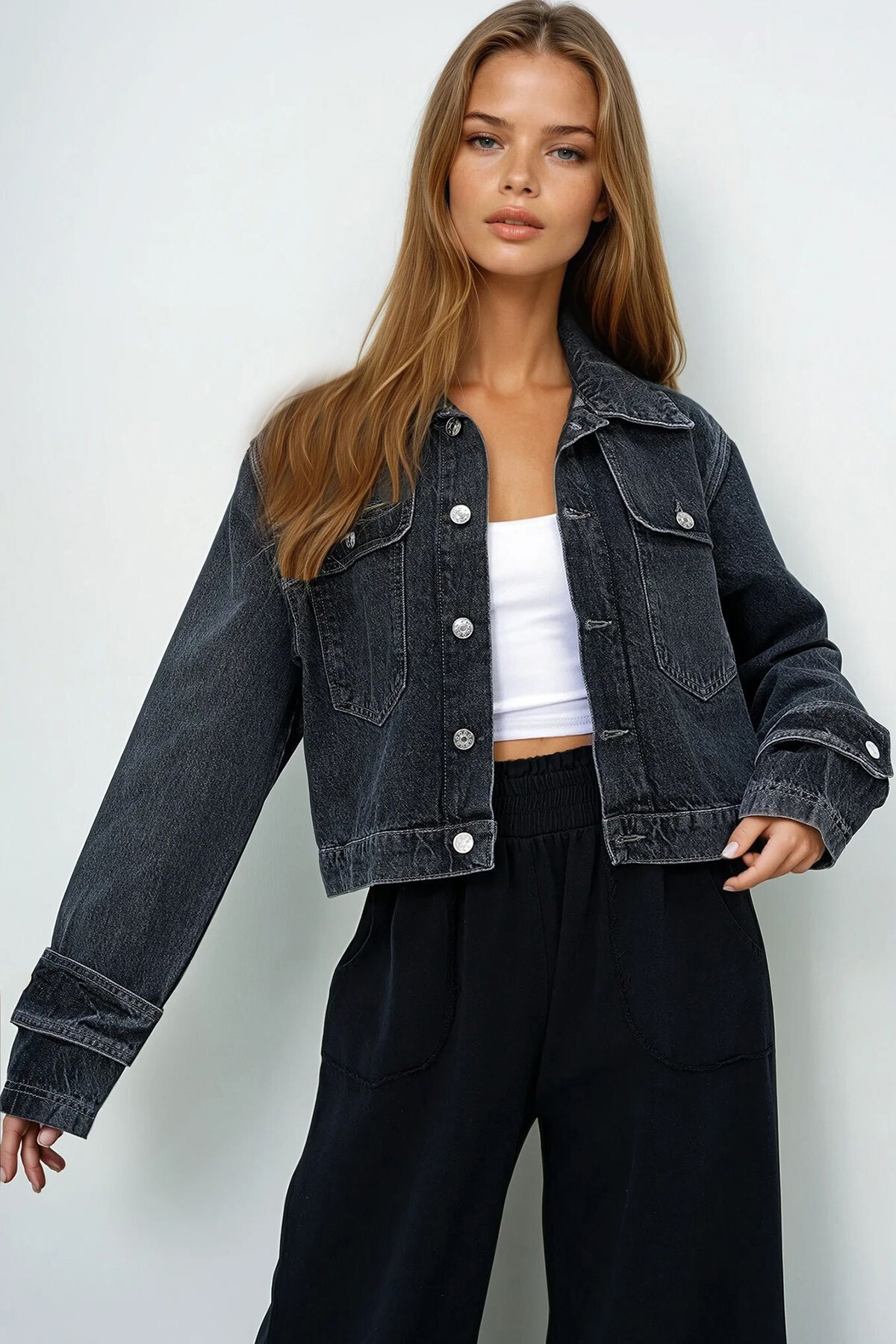 Antrasit Çift Cepli Kolları Bant Detaylı Crop Jean Ceket