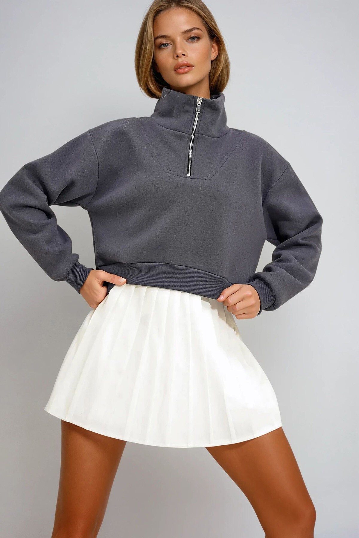 Antrasit Dik Yaka Fermuarlı Sweatshirt