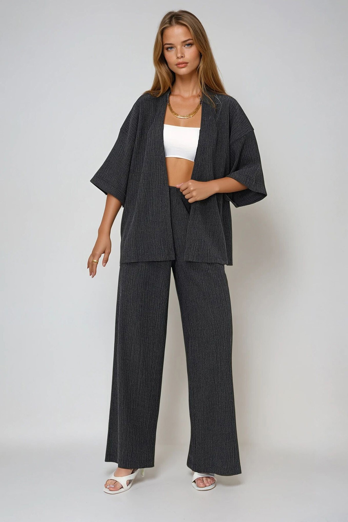 Antrasit Duble Kol Bürümcük Kumaş Yazlık Kimono Ve Pantolon Takım