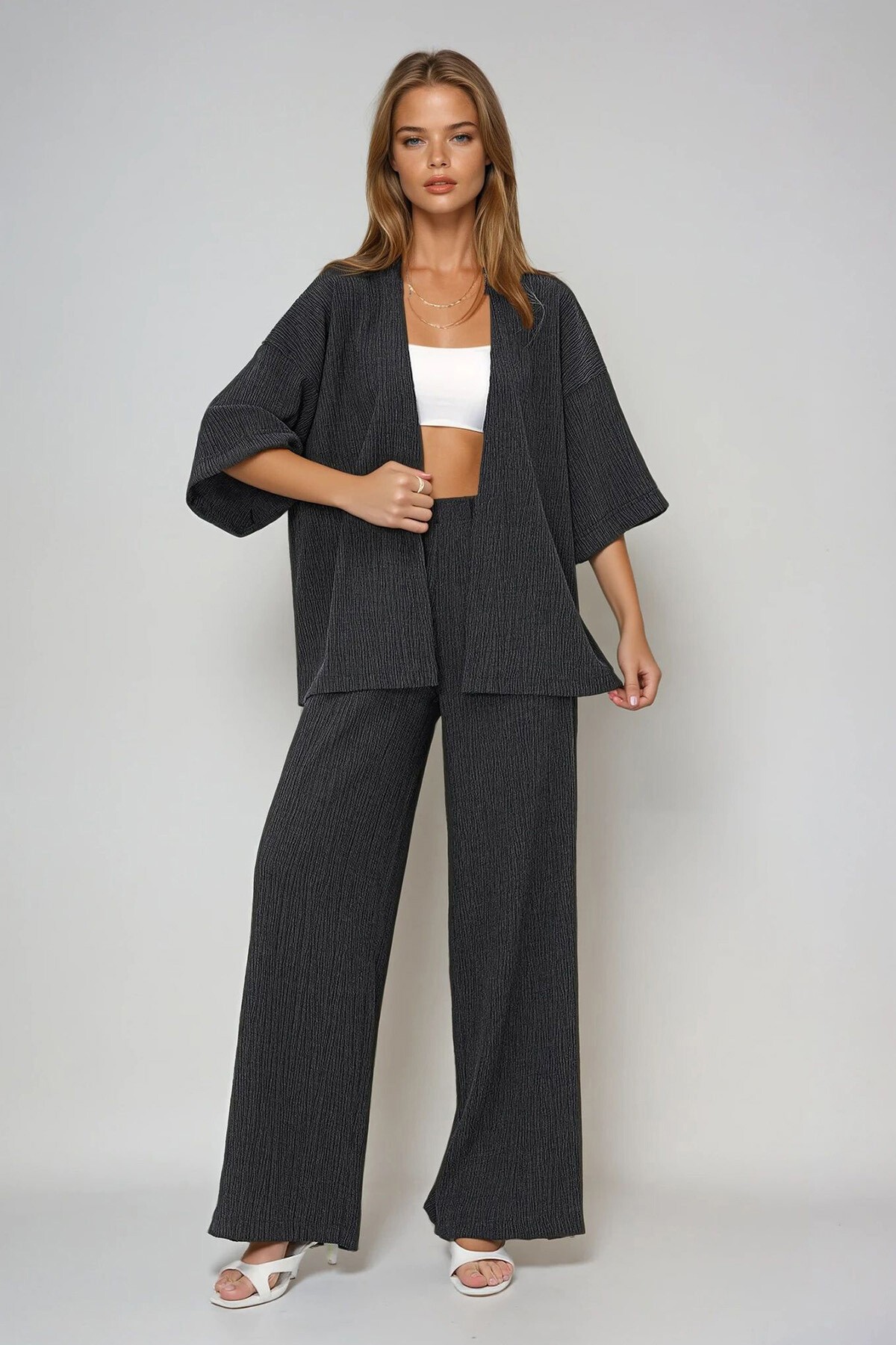 Antrasit Duble Kol Bürümcük Kumaş Yazlık Kimono Ve Pantolon Takım